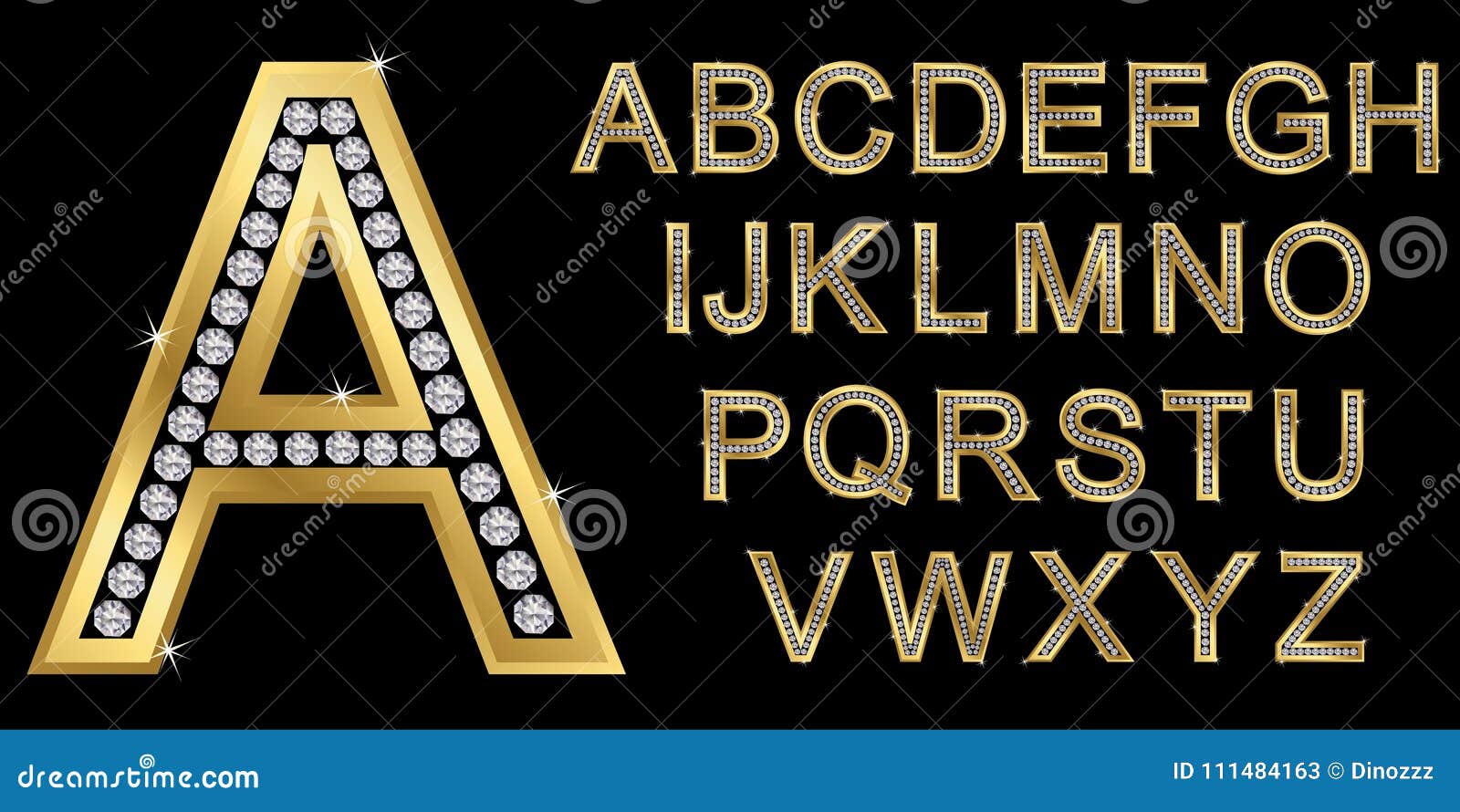 golden alphabet with diamonds, letters from a to z