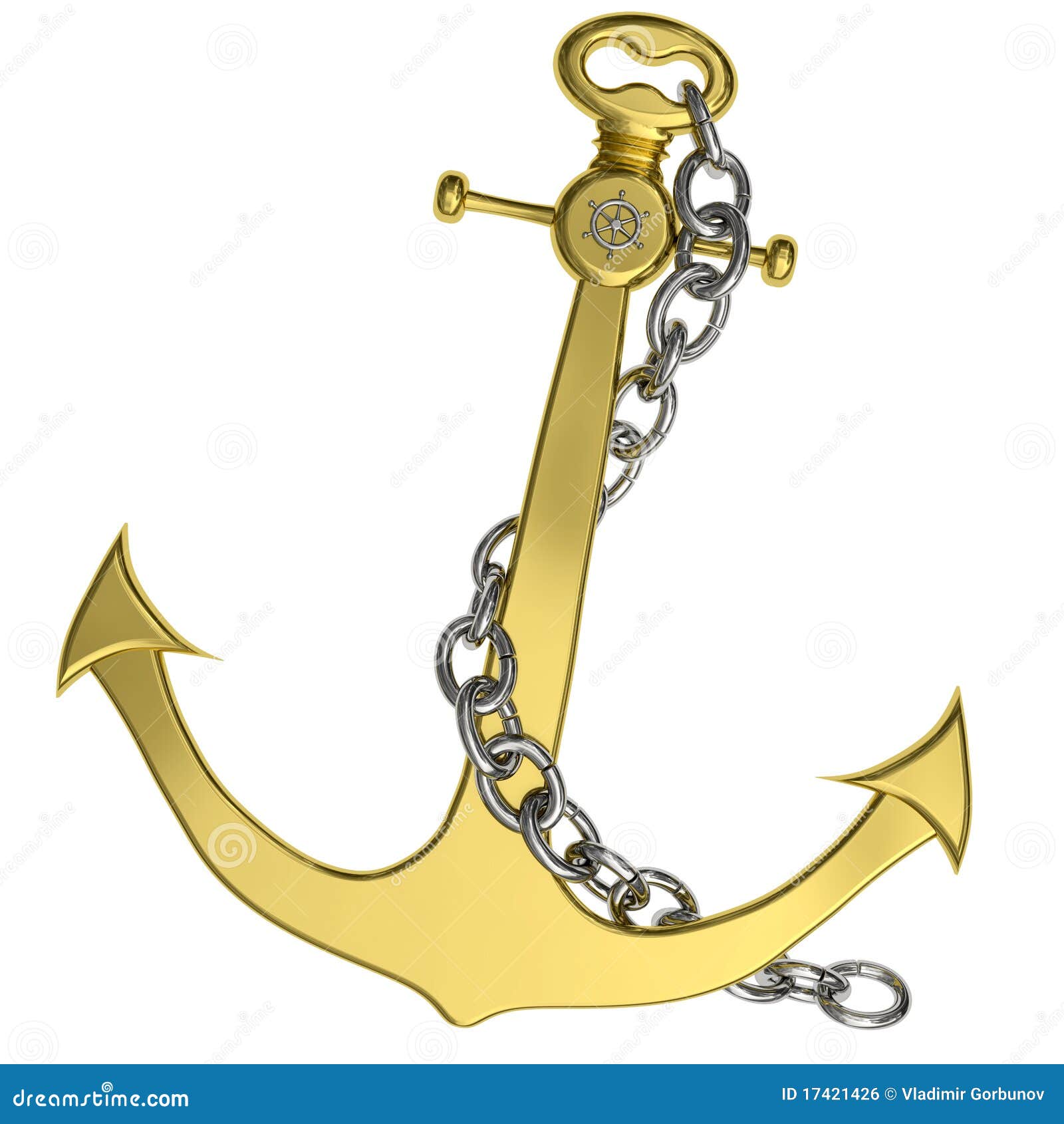 Golden Anchor with Chain Isolated on White Stock Illustration