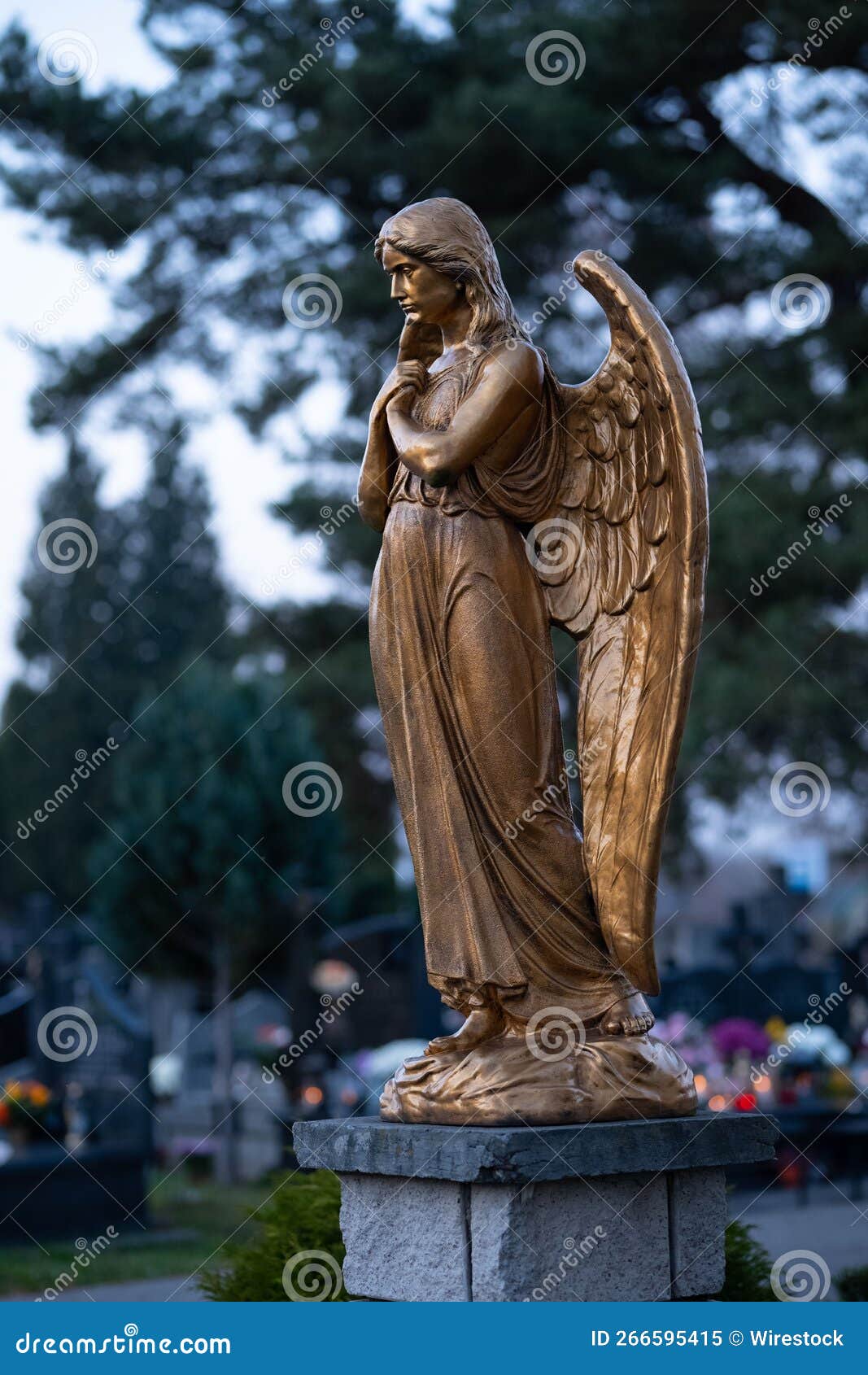 Golden Angel Sculpture in the Graveyard Stock Image Image of