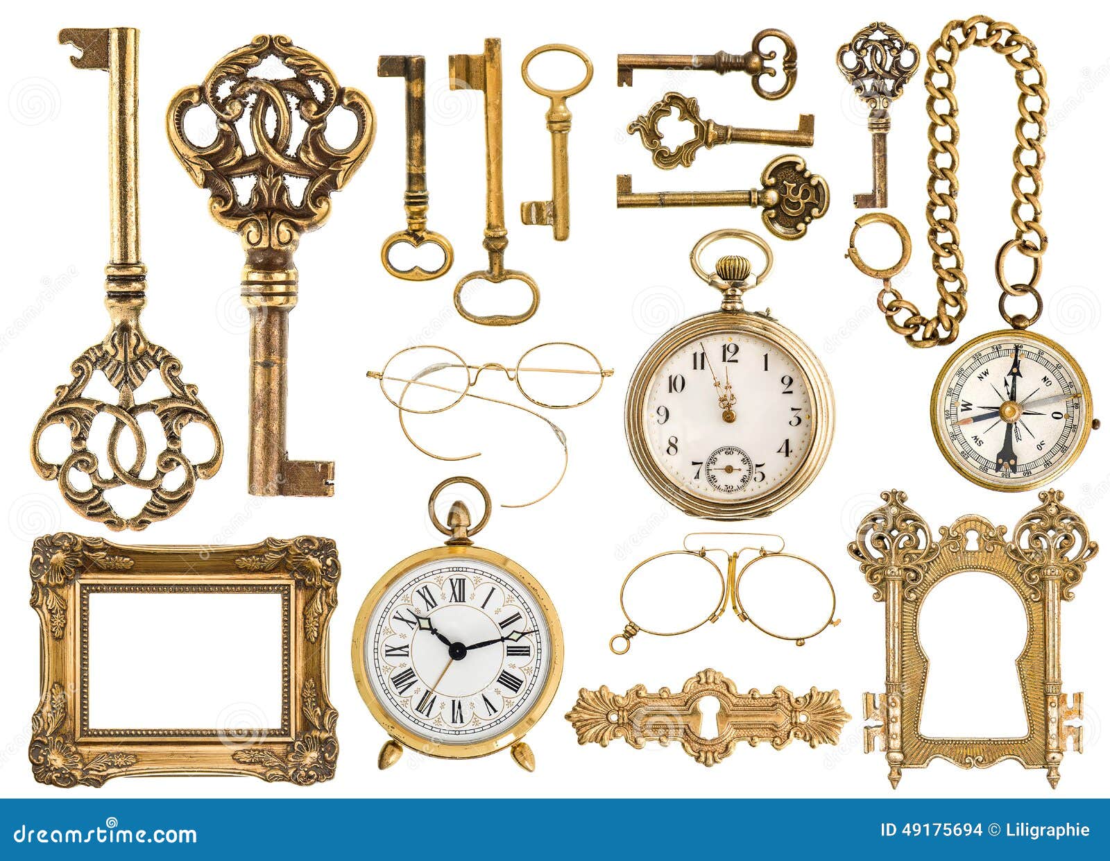golden antique accessories. baroque frame, vintage keys, clock