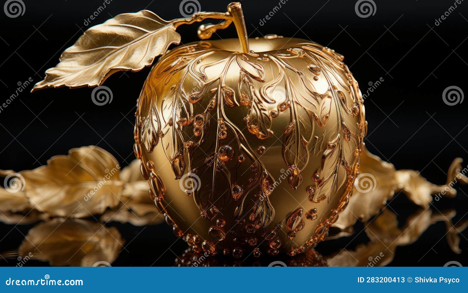A Golden Apple Fruit with Golden Flower Design Stock Illustration