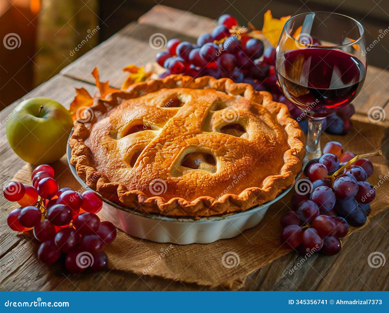 golden apple pie with red wine on a rustic wooden table thanksgiving and christmas food