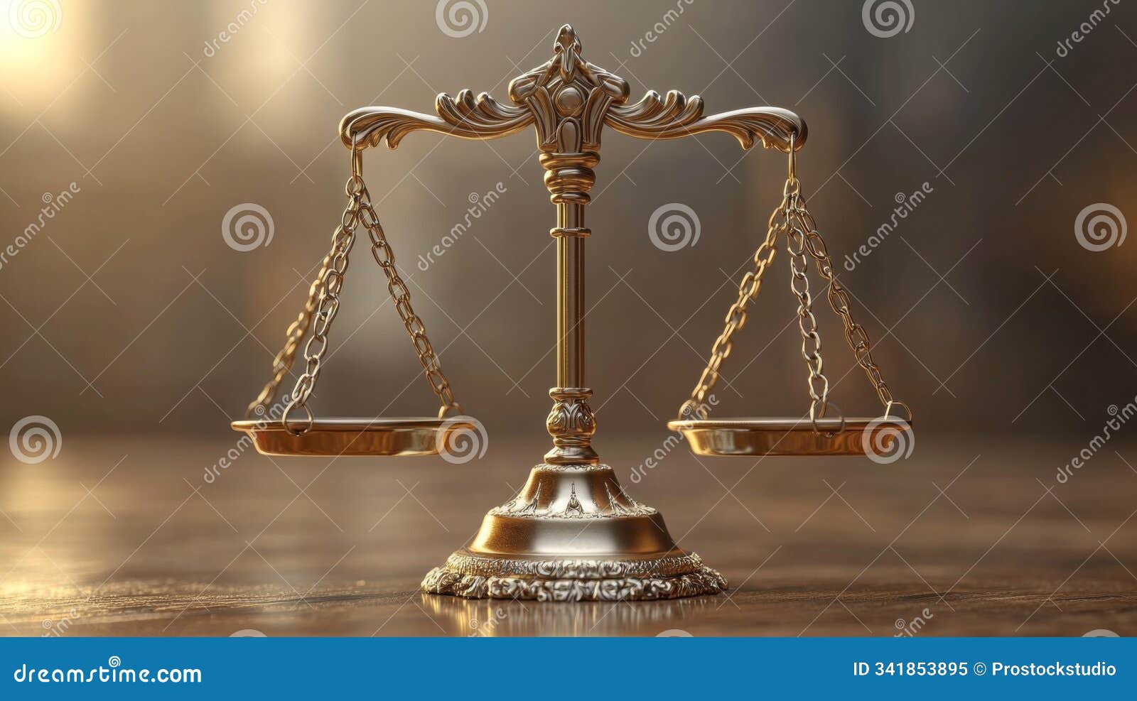 a golden balance scale stands elegantly on a wooden surface, izing justice and fairness in a softly illuminated