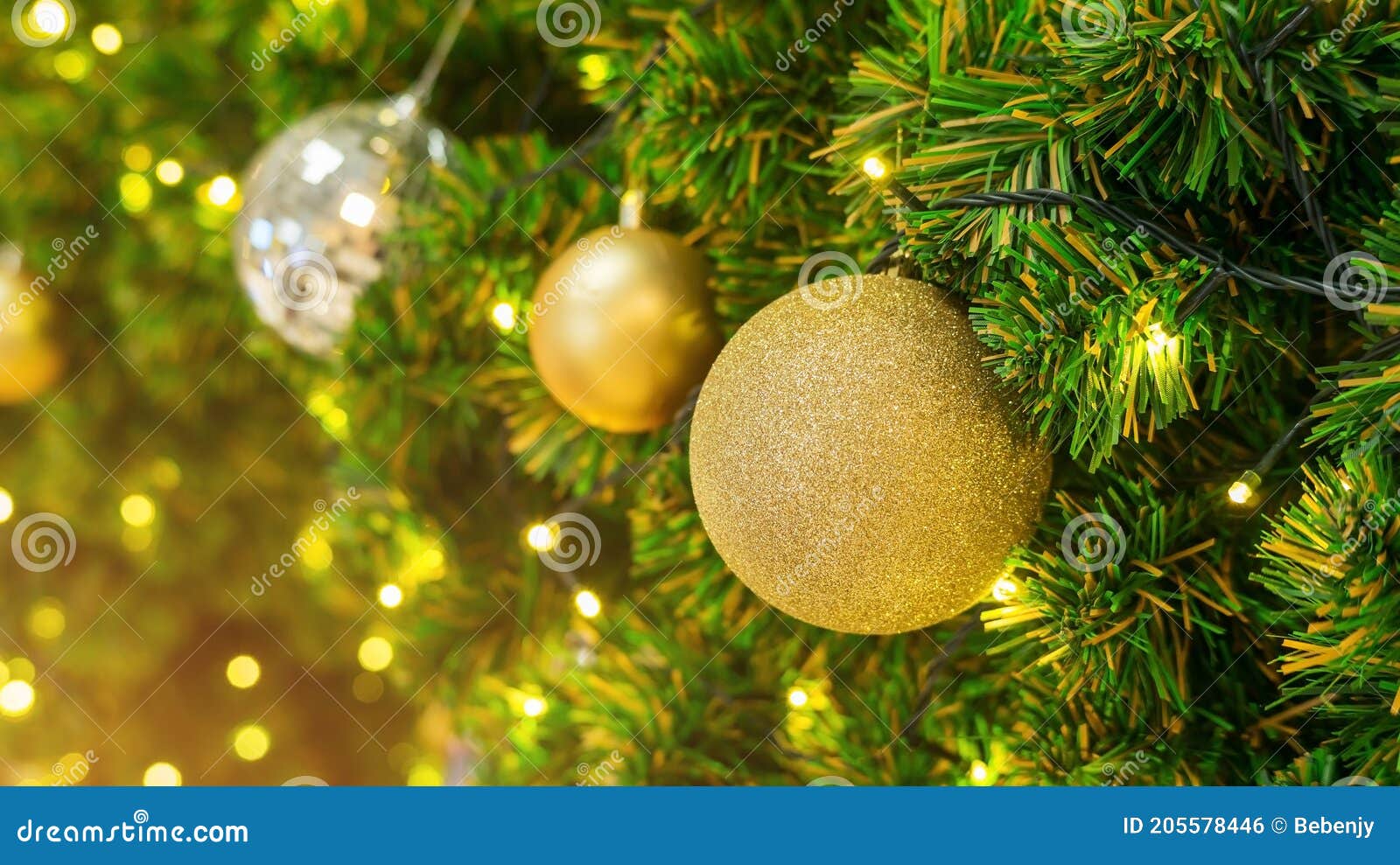 Golden Ball Hanging on a Christmas Tree Stock Photo Image of merry, golden 205578446
