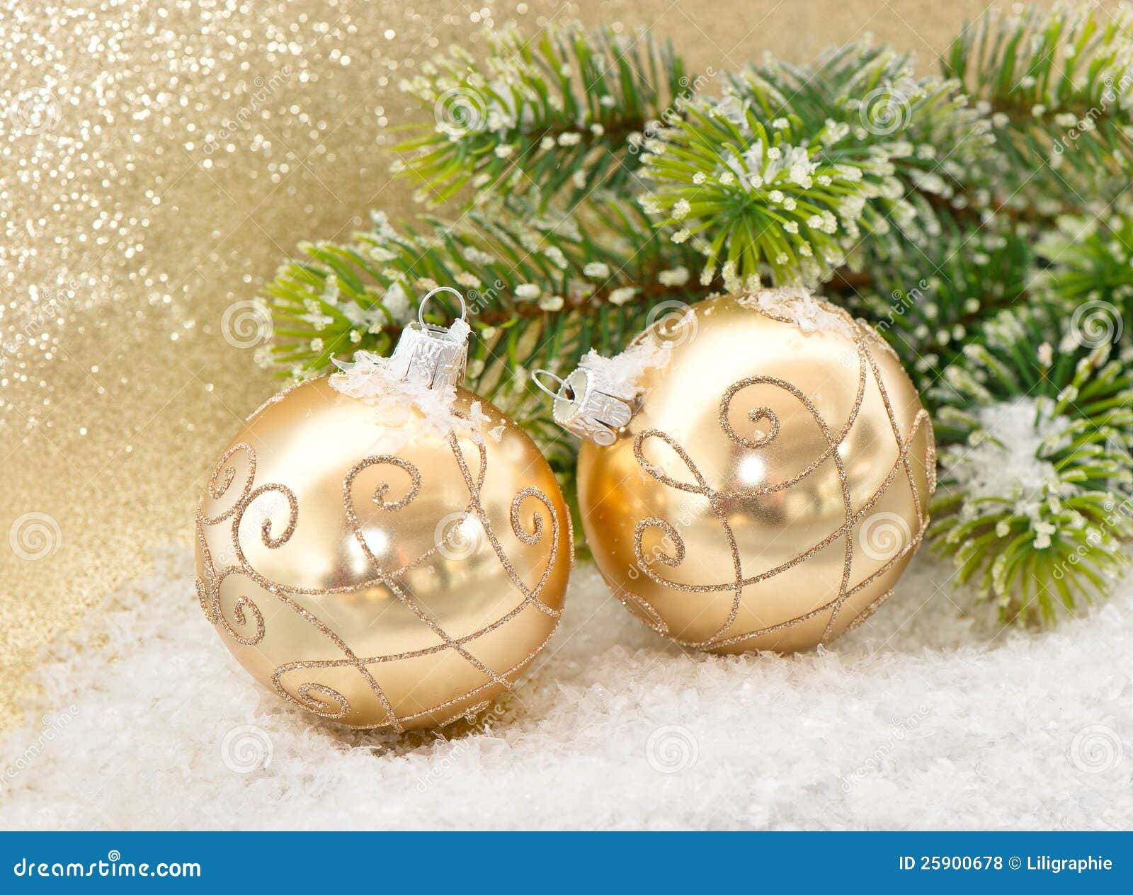 Golden Balls With Christmas Tree Branch Stock Photo - Image of ...