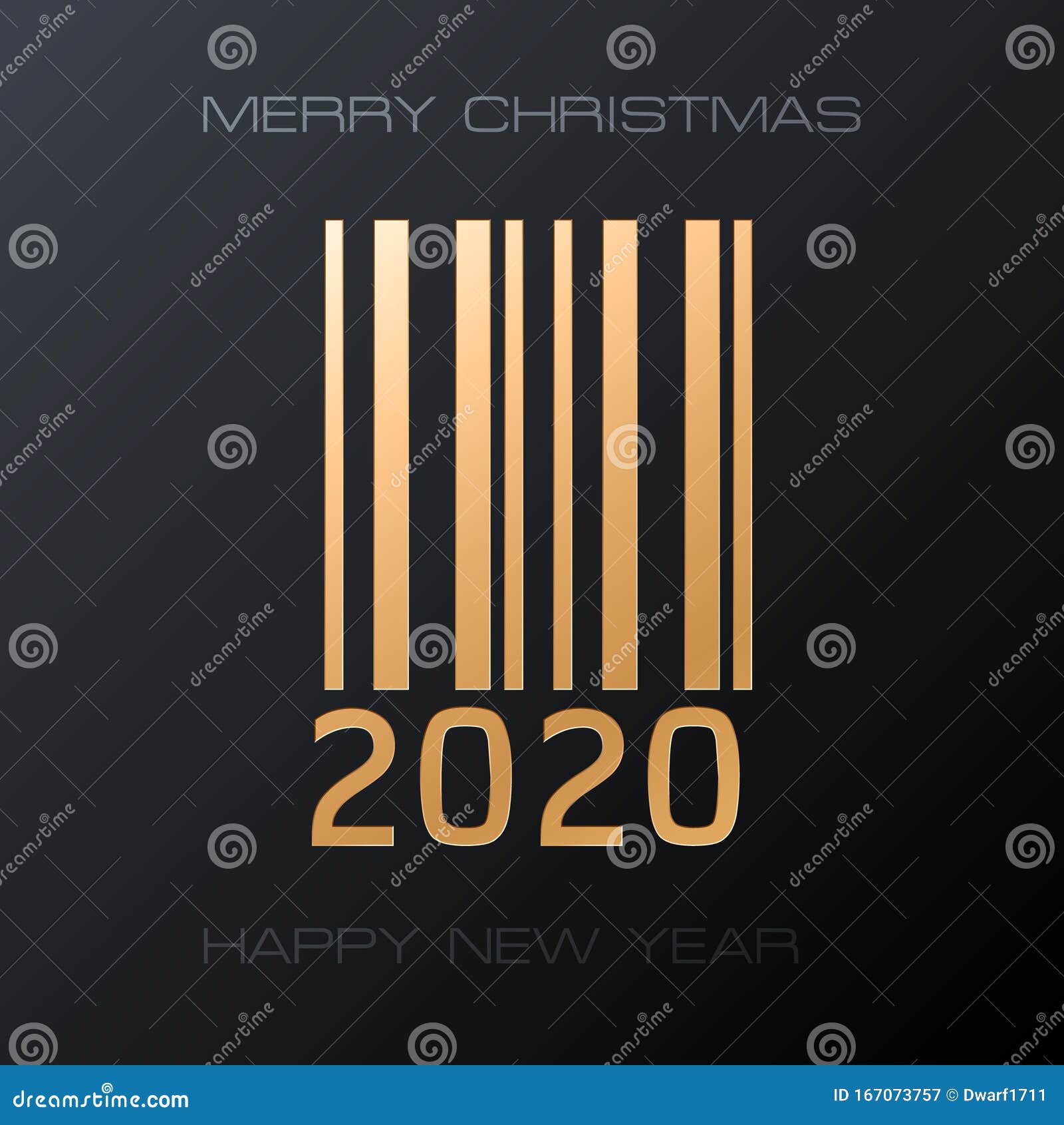 Golden 2020 barcode symbol and Merry Christmas and Happy New Year text on black background. Christmas sale square vector template.