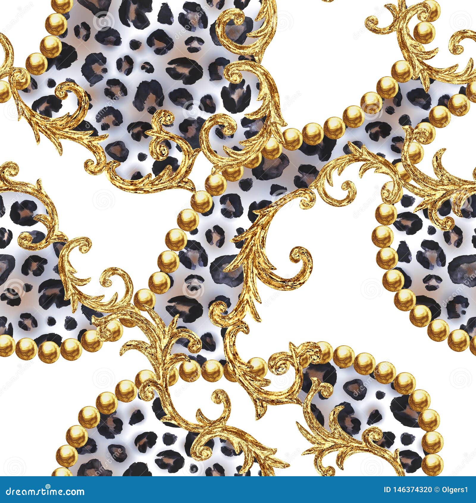 Golden Baroque Chain Glamour Leopard Seamless Pattern. Watercolor Hand ...