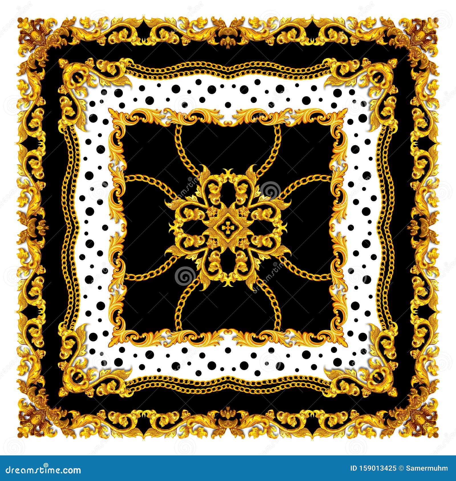 Golden Baroque Silk Shawl Textile Print, Scarf Design for Silk Print ...