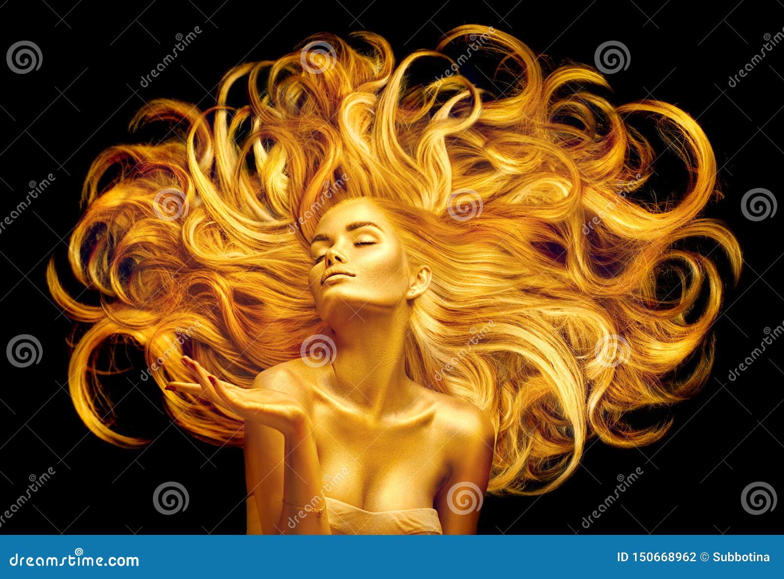 Golden Beauty Woman. Model Girl with Golden Makeup and Long Hair Pointing  Hand Over Black Stock Photo - Image of blowing, face: 150668962