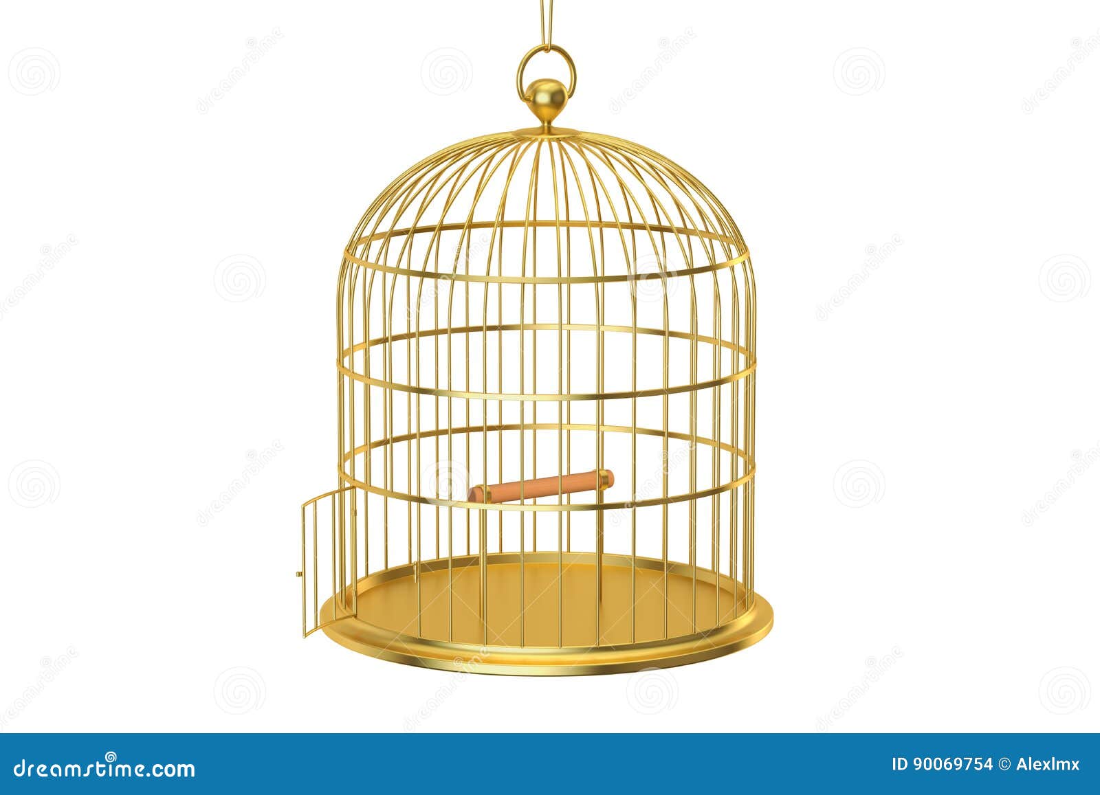 Golden Bird Cage with Open Door, 3D Rendering Stock Illustration