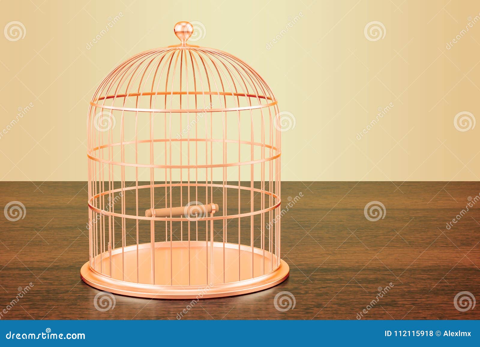 Golden Bird Cage on the Wooden Table. 3D Rendering Stock Illustration