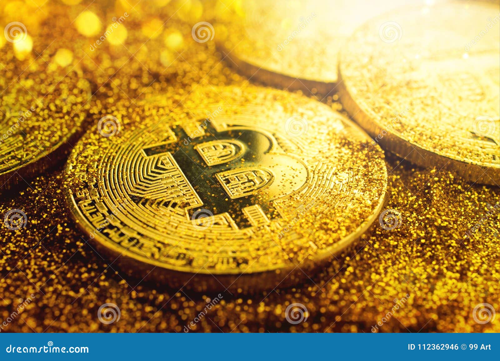 golden bitcoin coin with glitter lights grunge crypto currency