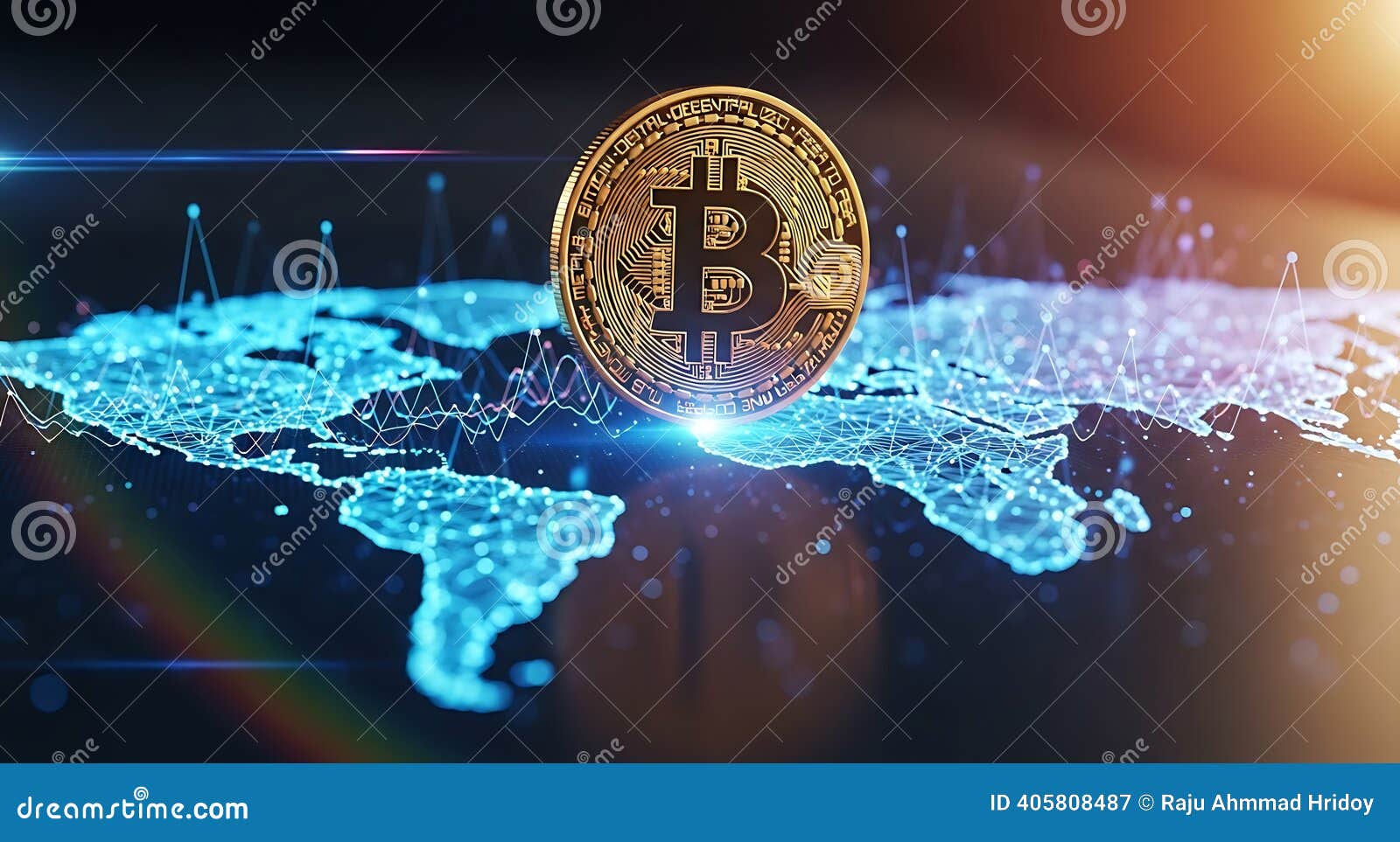 Golden Bitcoin Coin on Glowing Digital World Map with Network Connections  Cryptocurrency Stock Illustration - Illustration of chart, virtual:  405808487