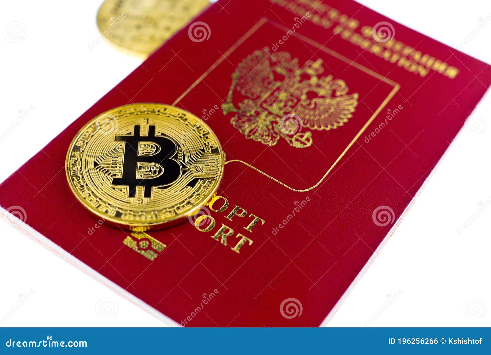Golden Bitcoin Coin And Passport Of Russian Federation Stock Photo