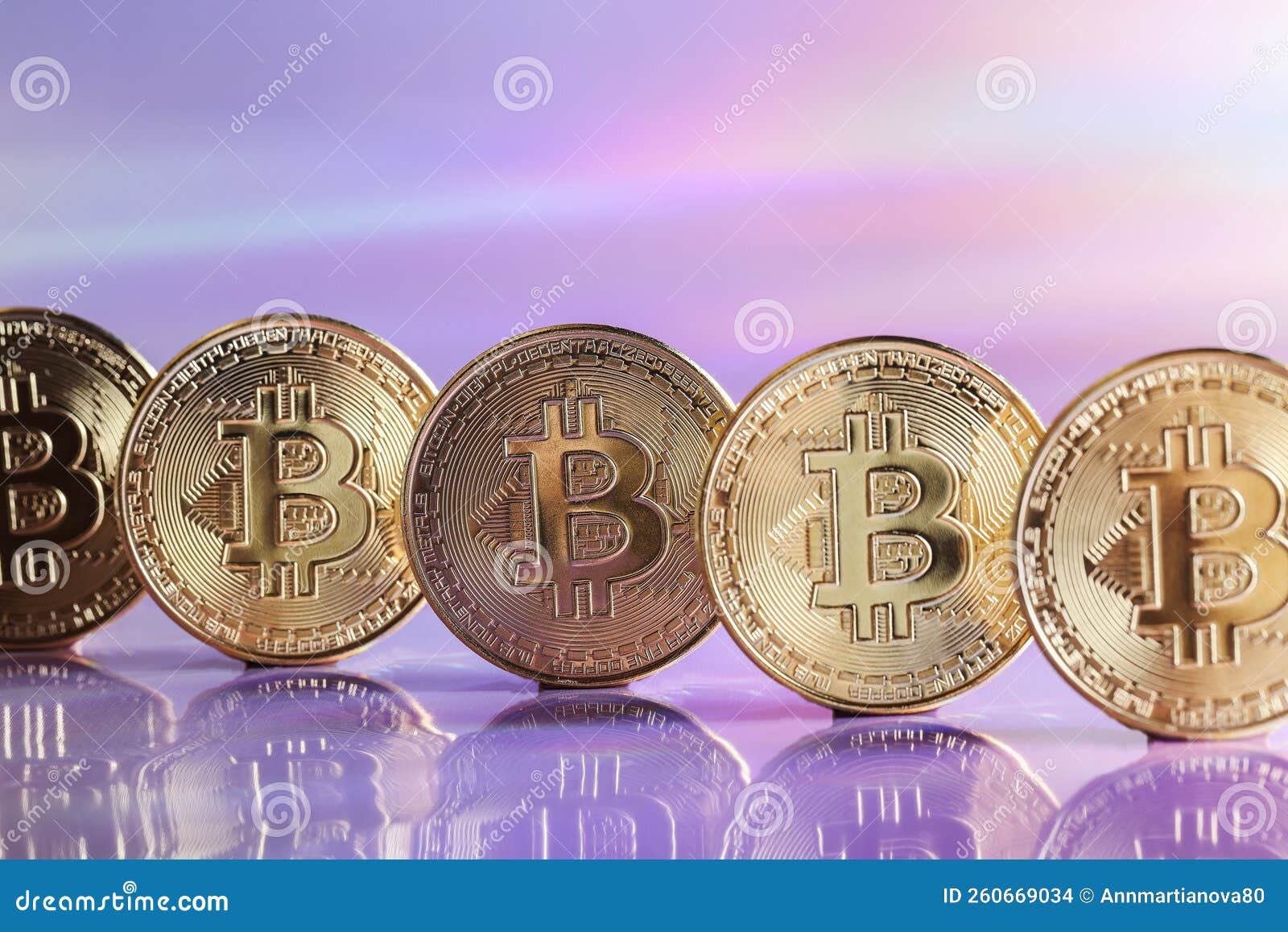golden bitcoin coins on holographic, abstract, neon background. digital currency, business style