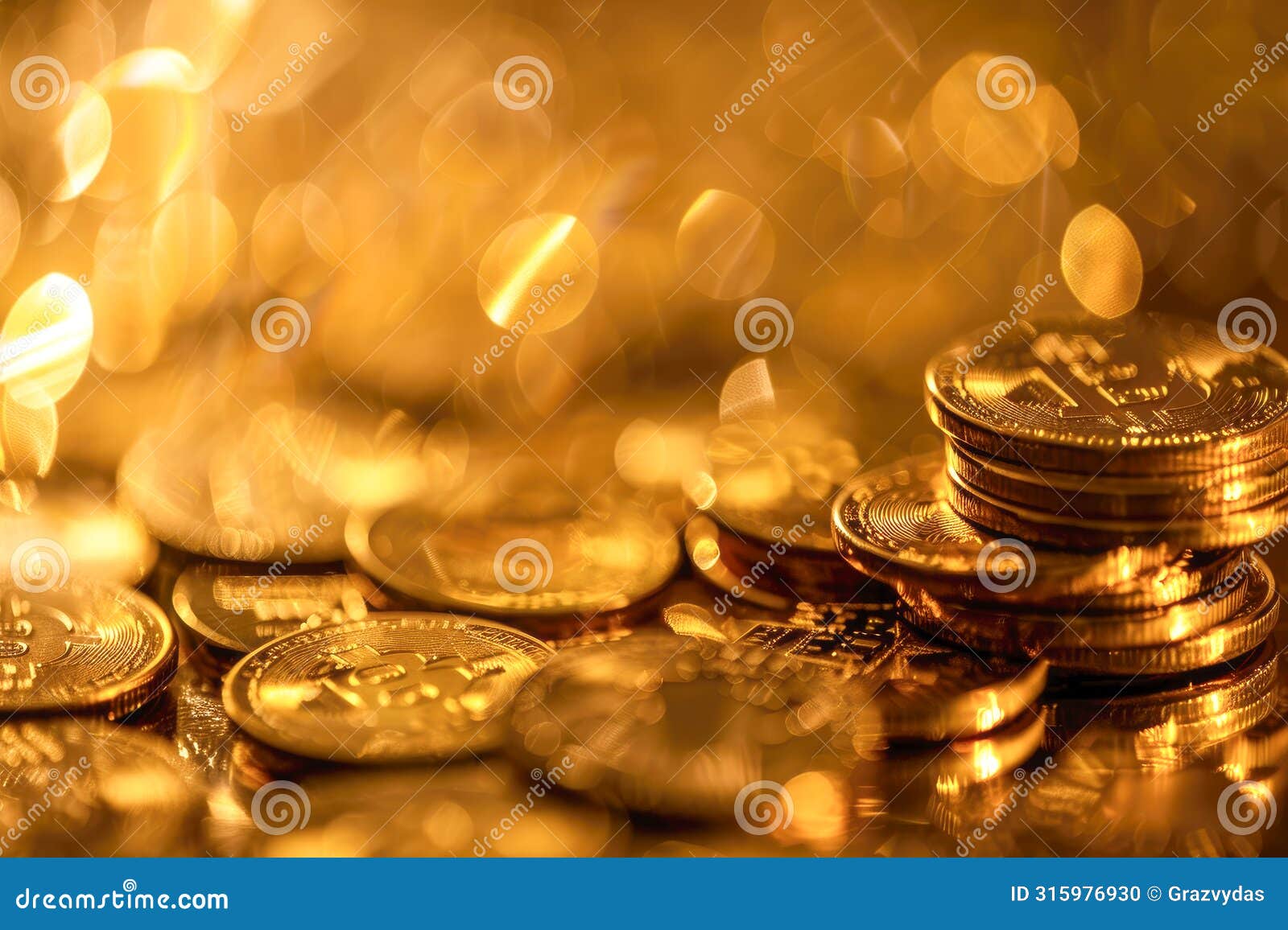 golden bitcoin coins pile in blurry close-up. shallow dof