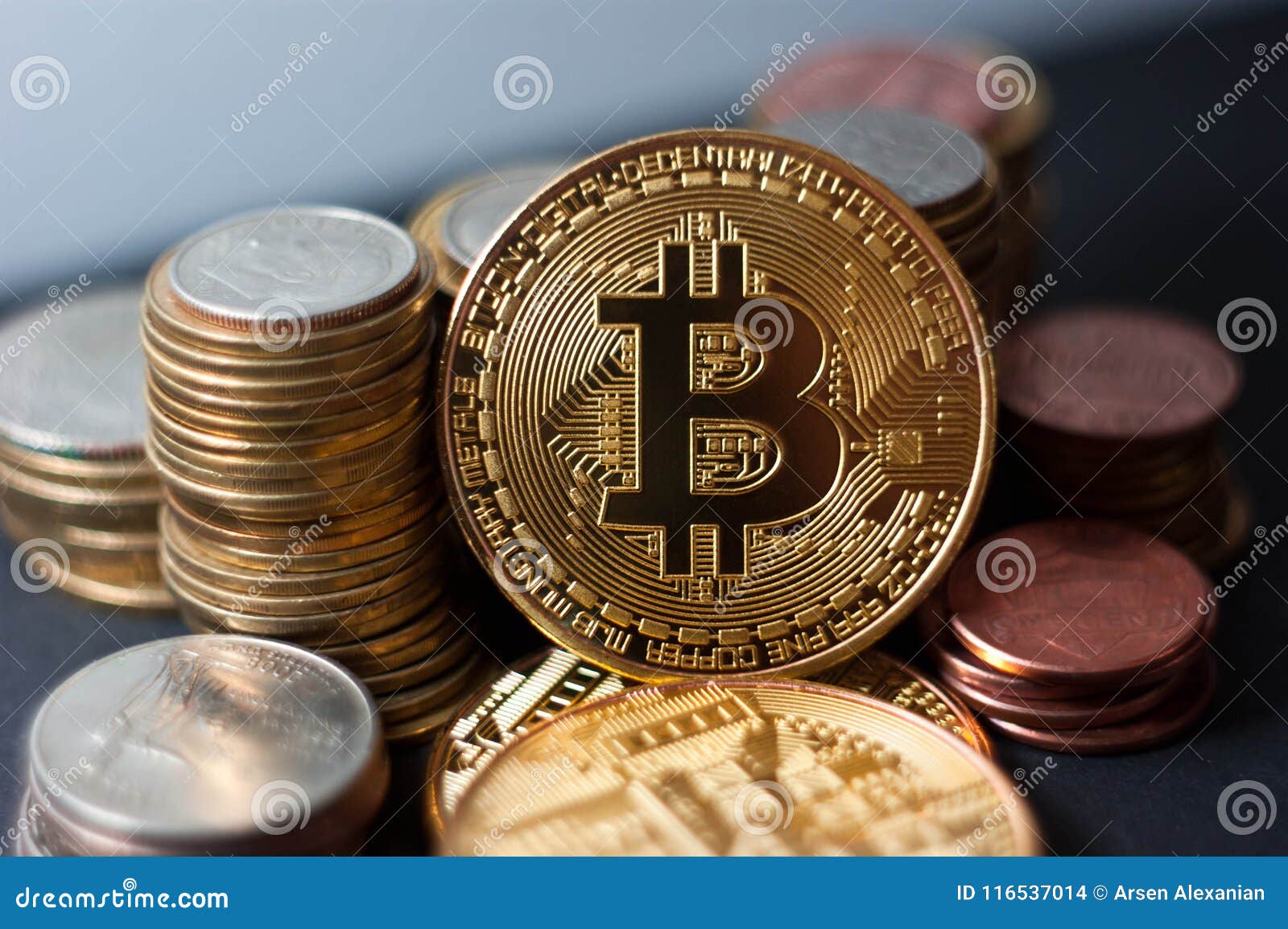 Golden Bitcoin With Money Coins Background Bit Coin Cryptocurrency Banking Money Transfer Business Technology Stock Photo Image Of Online Banking