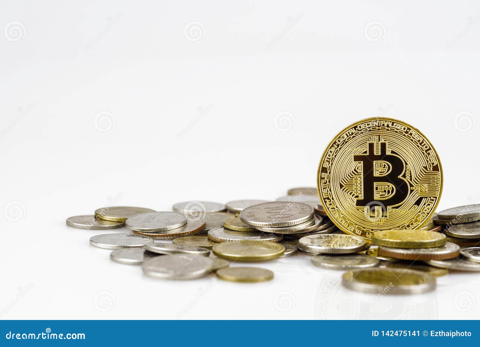 Golden Bitcoin Over Many International Money Coins Isolated On White ...