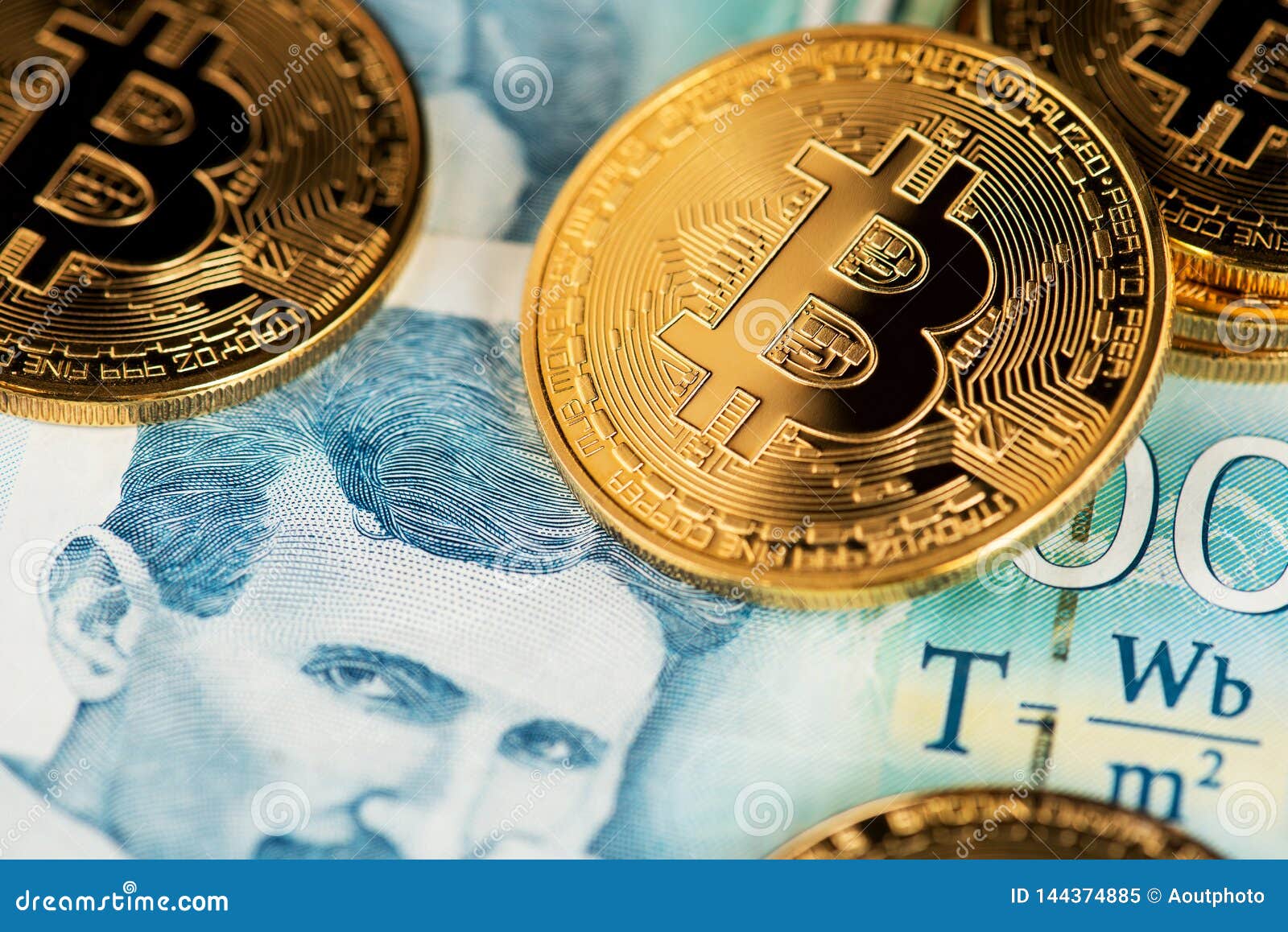Golden Bitcoin With Serbian Banknotes. Portrait Of Scientist Nikola ...
