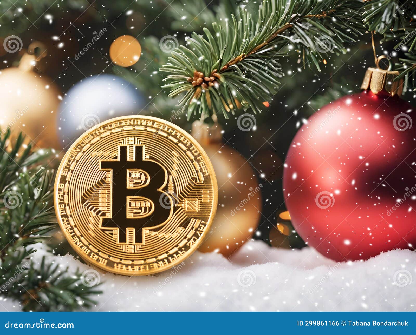 Golden Bitcoin on Snow with Christmas Tree and Baubles. Cryptocurrency  Concept Stock Photo - Image of concept, lighting: 299861166