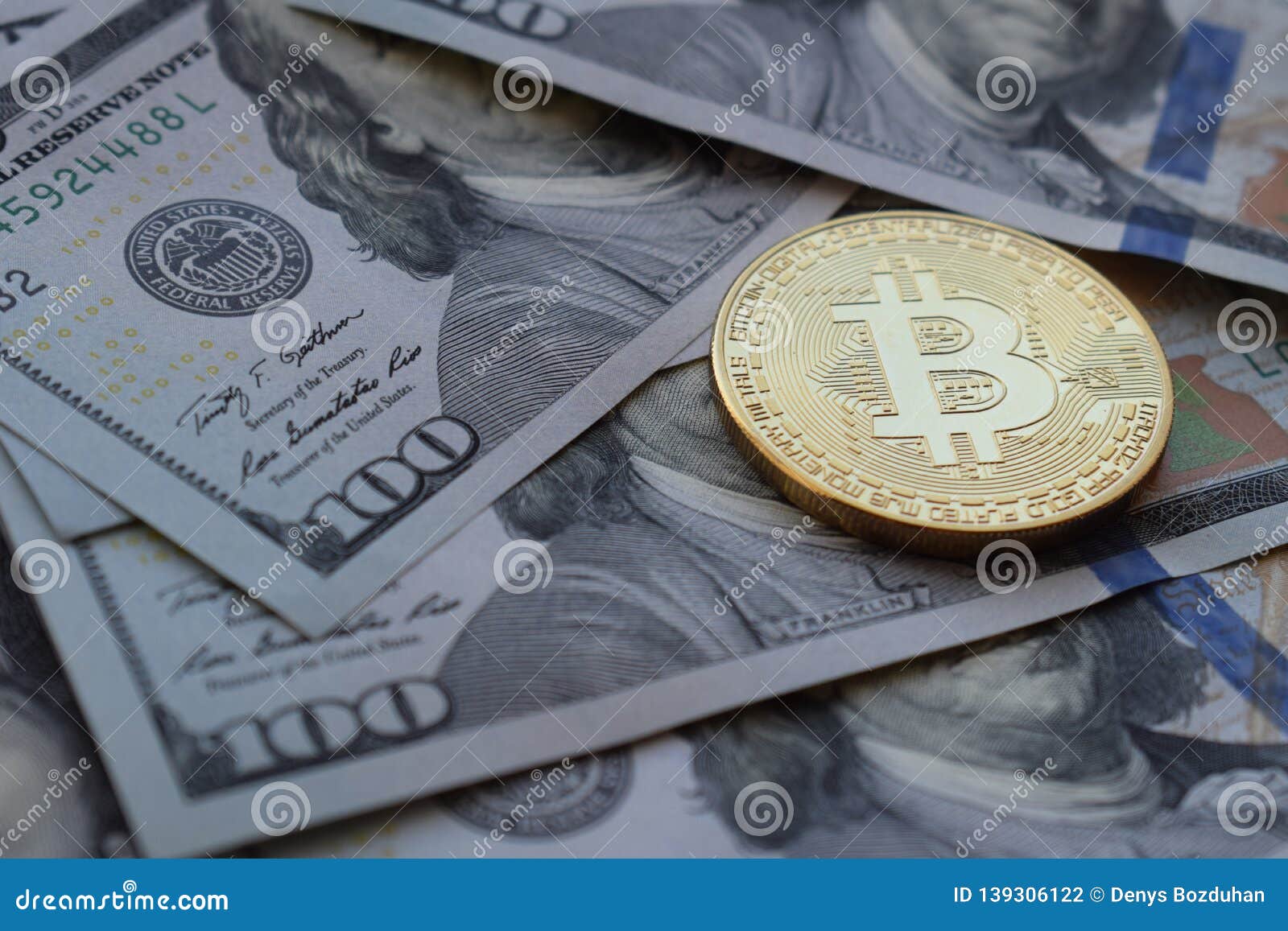 Golden Bitcoin On US Dollars. Digital Currency Close-up ...