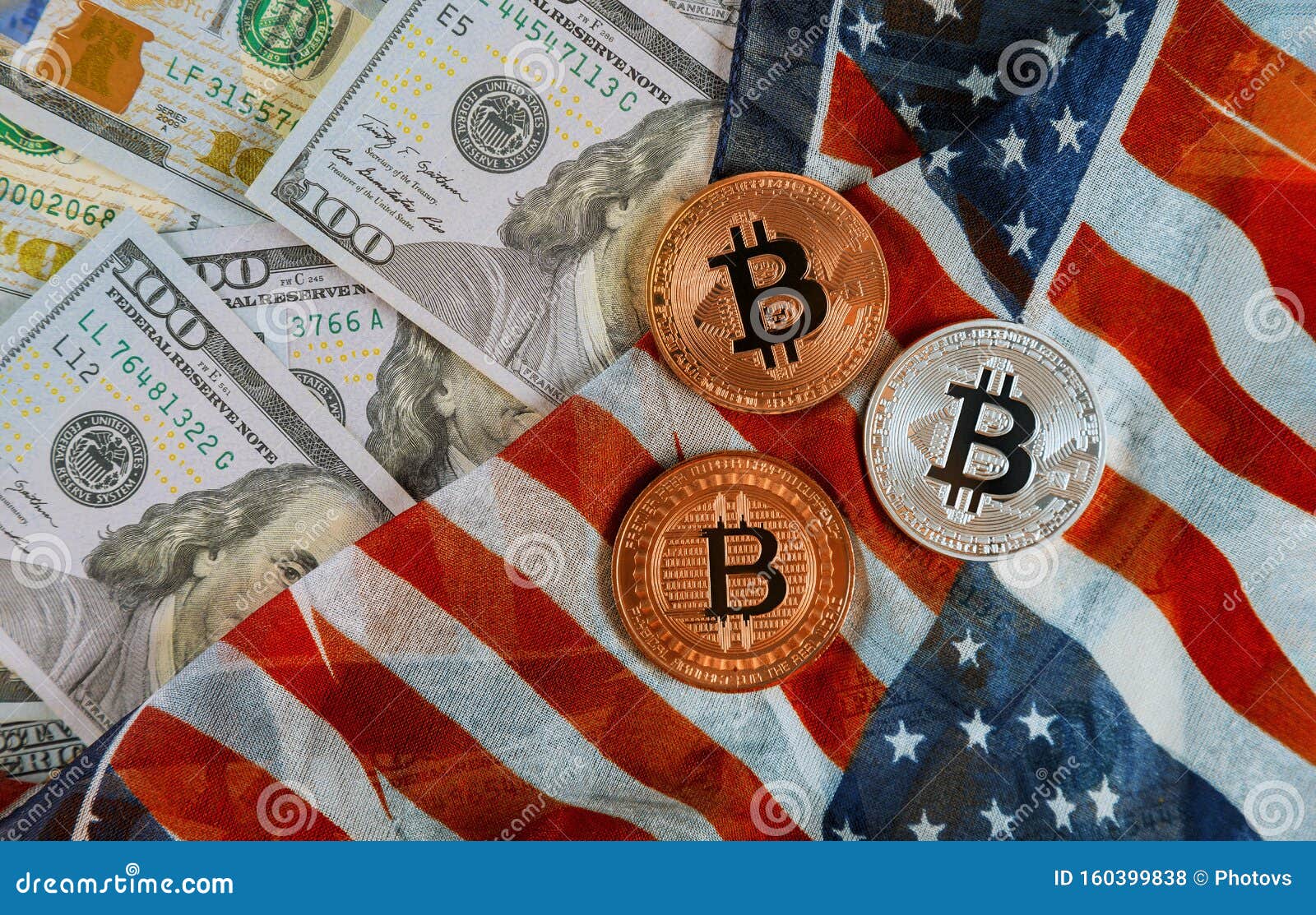 Golden Bitcoin On US Dollars Digital Currency With US Flag ...