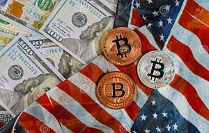 Golden Bitcoin On US Dollars Digital Currency With US Flag Stock Photo 