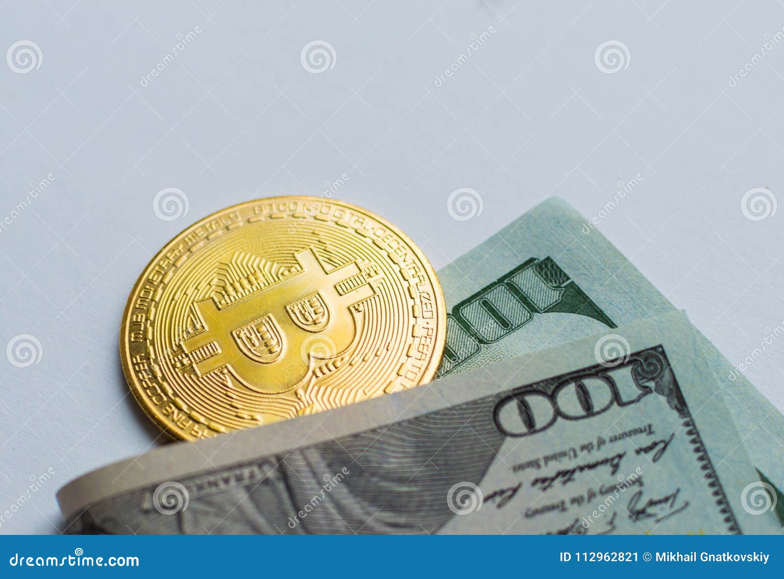 Golden Bitcoins On US Dollars. Digital Currency Close-up ...