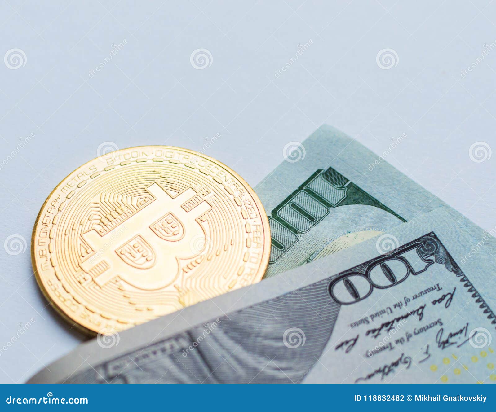 Golden Bitcoins On US Dollars. Digital Currency Close-up ...