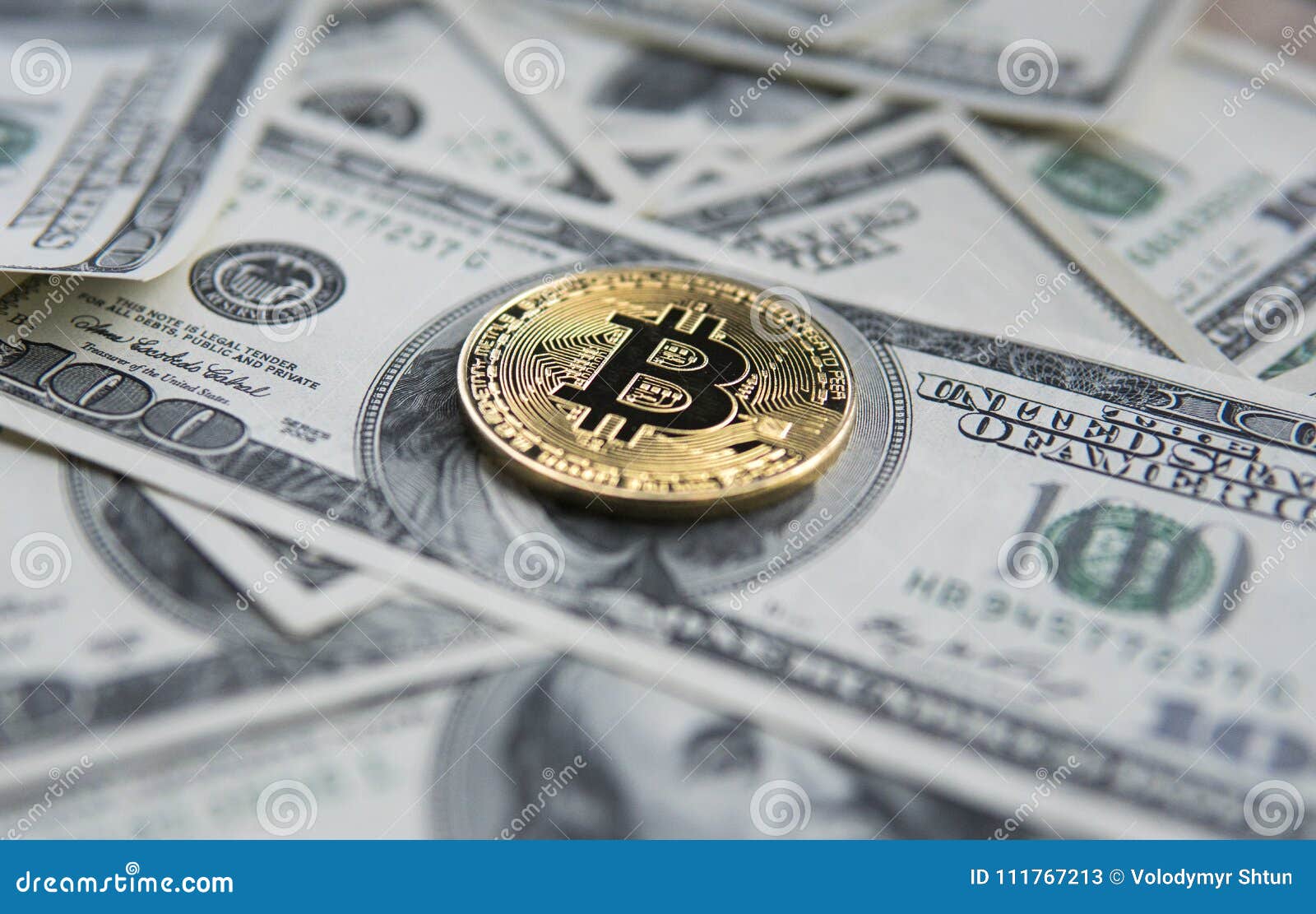 Golden Bitcoins On US Dollars. Digital Currency Close-up ...