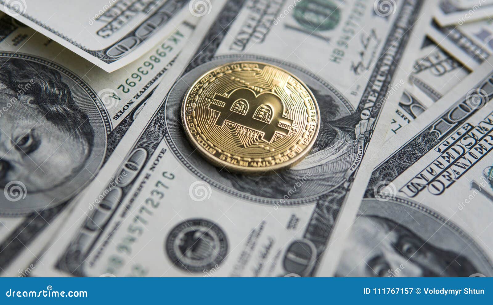 Golden Bitcoins On US Dollars. Digital Currency Close-up ...