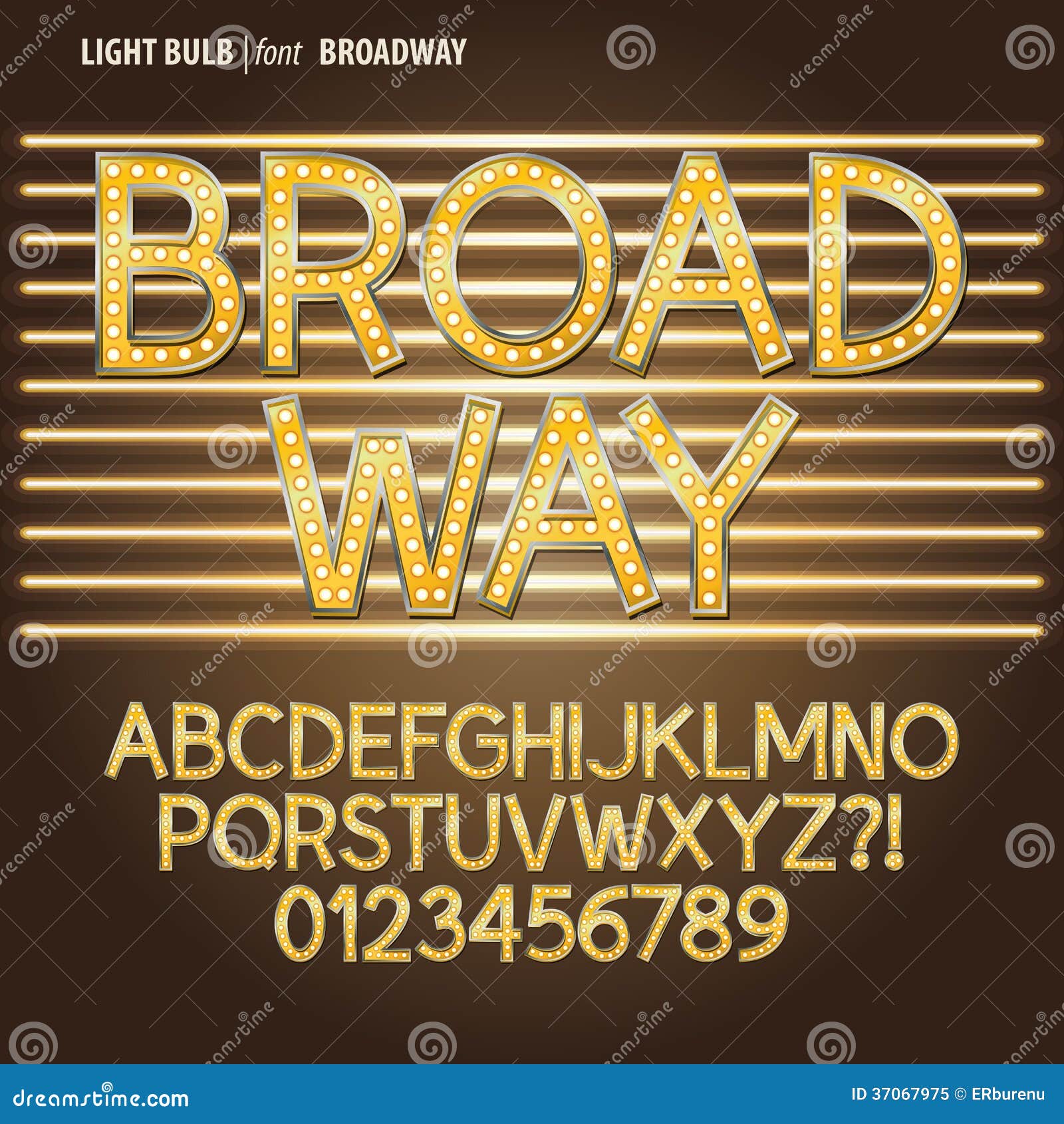 golden broadway light bulb alphabet and digit vect