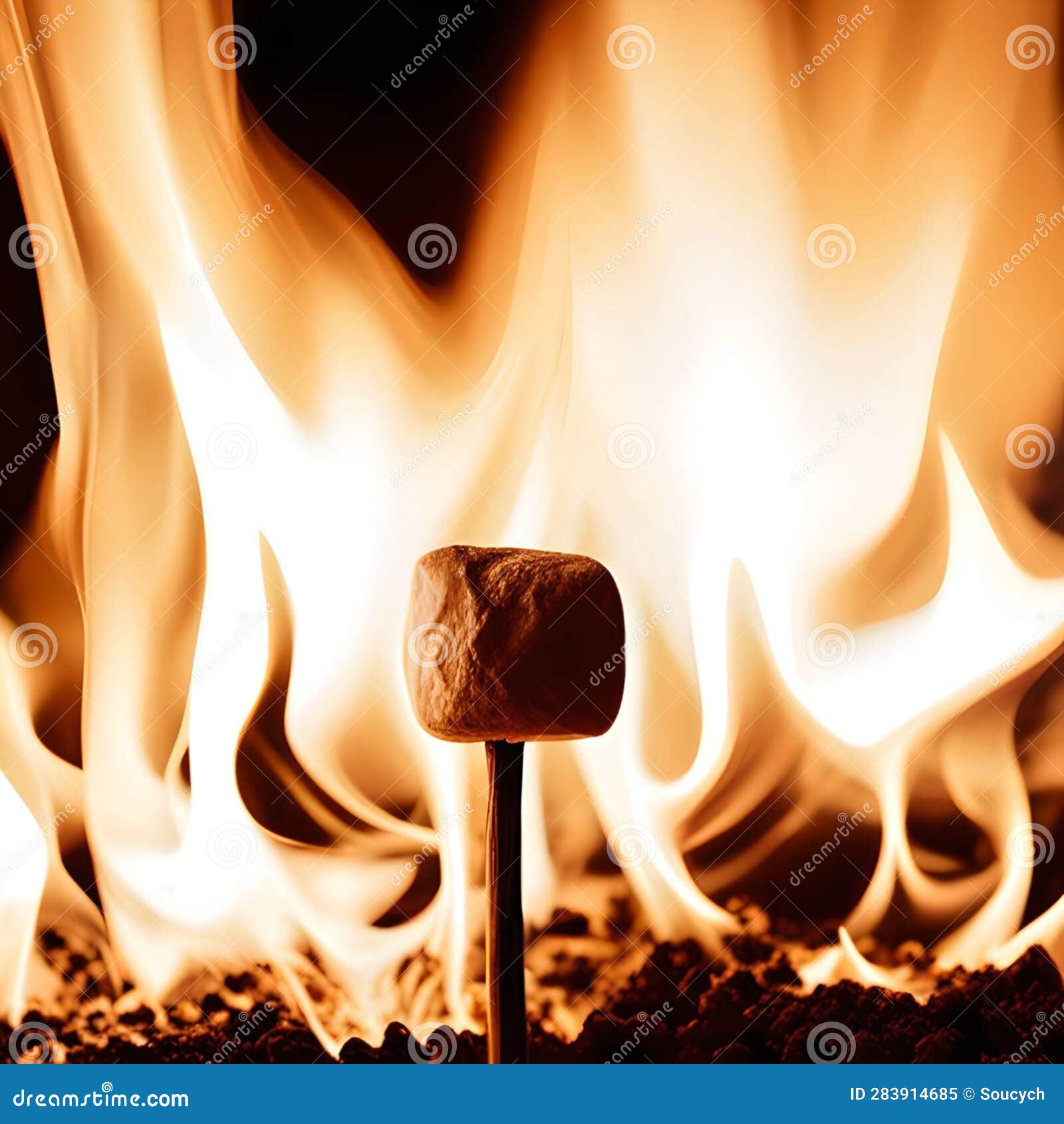 Golden Brown Marshmallow on a Stick Over an Open Flame Stock