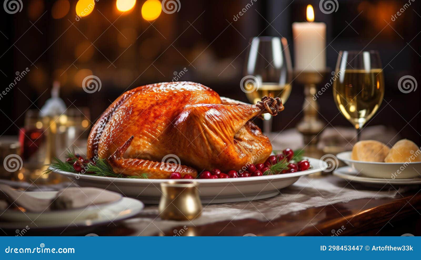 golden brown thanksgiving turkey on elegant dinner table