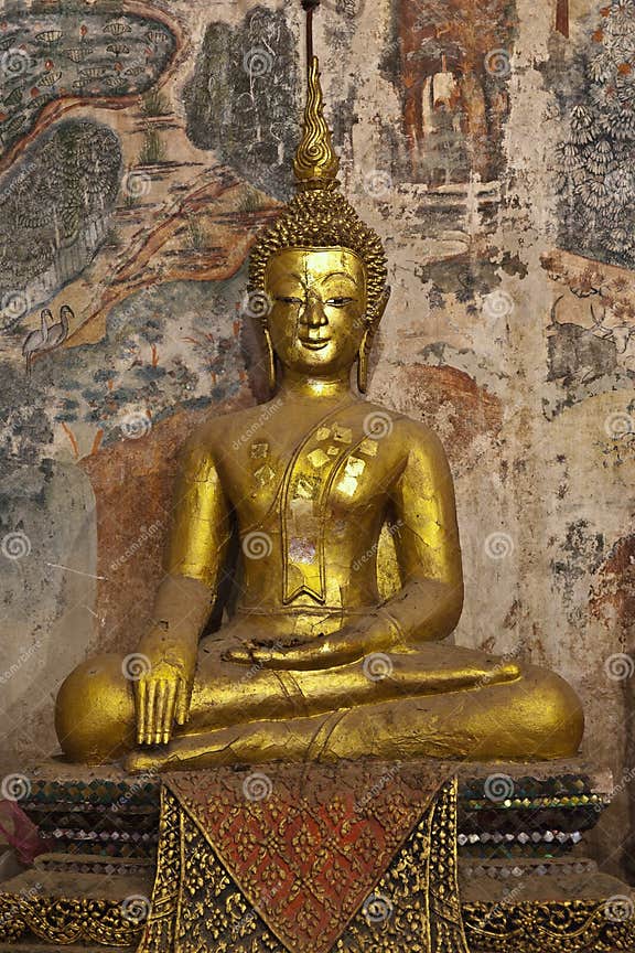 Golden Buddha and Mural Painting, Laos Stock Photo Image of bliss