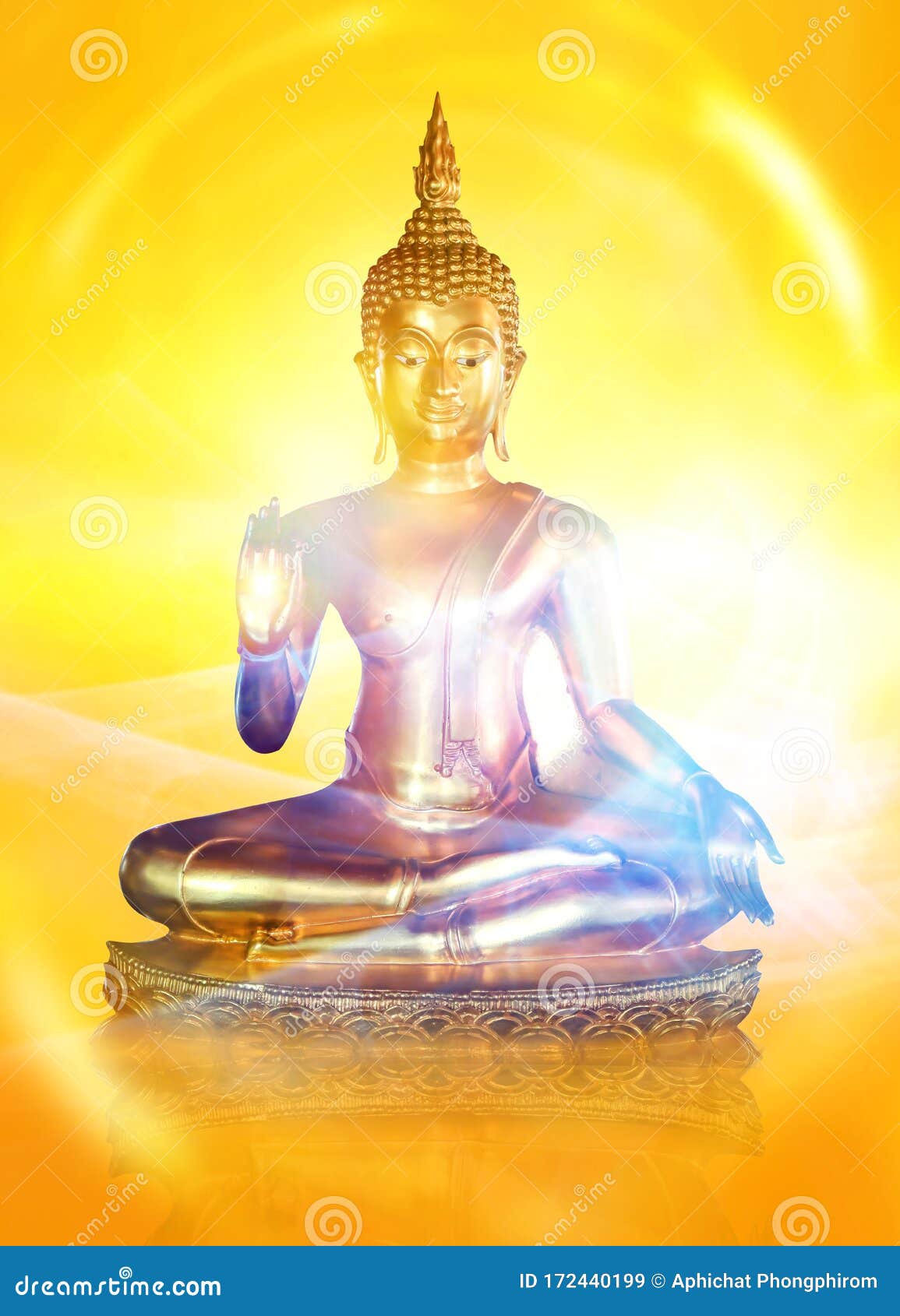 Golden Buddha Statue with Glittering Aura on a Golden Yellow Background for  Design and a Beautiful Background. Stock Image - Image of beautiful, faith:  172440199