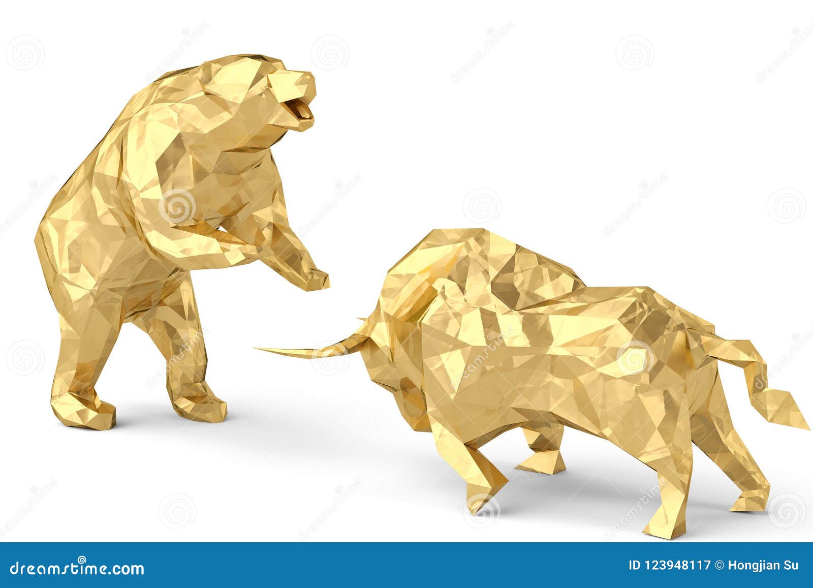 golden bull with bear on a white background 3d .