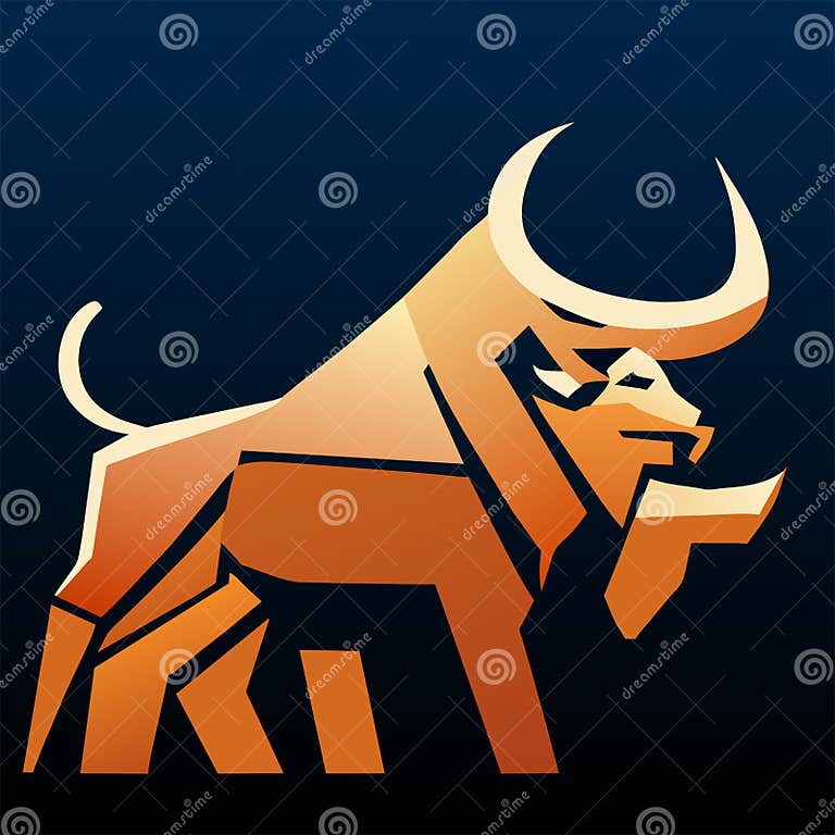 Golden Bull Logo on Dark Blue Background. Vector Stock Illustration