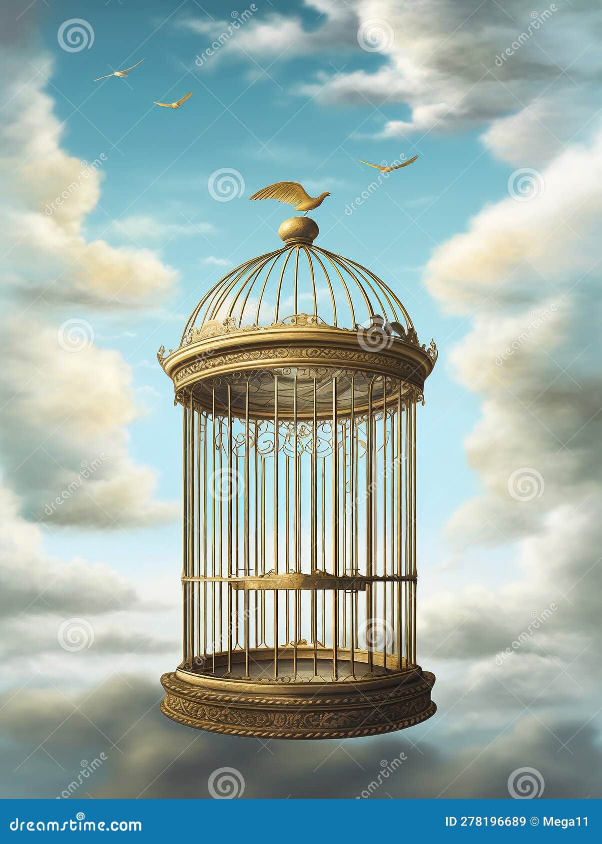 Generative AI Golden Cage with Birds in a Fantasy Environment Stock Illustration Illustration