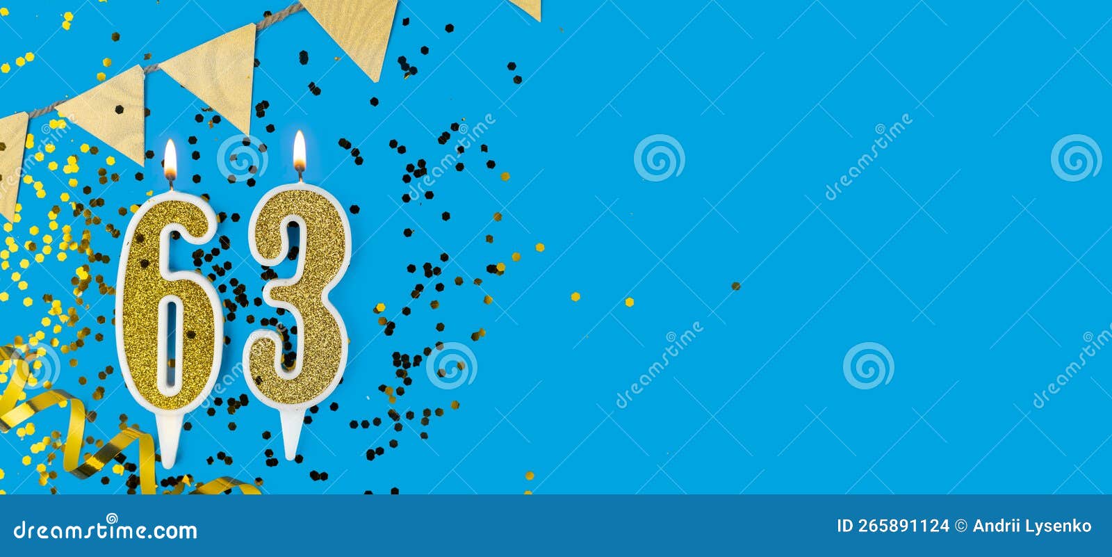 golden candle number sixty three. birthday or anniversary card with the inscription 63 on blue background. anniversary