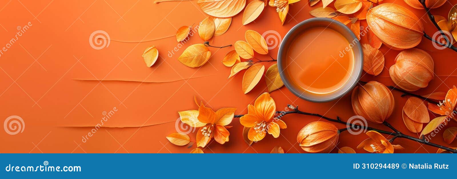 golden cape gooseberries on an orange background with a cup of tea