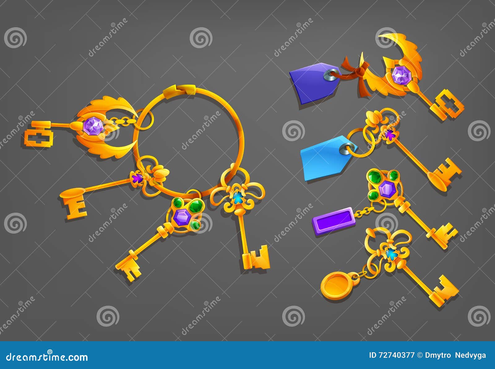 golden cartoon keys with trinkets.