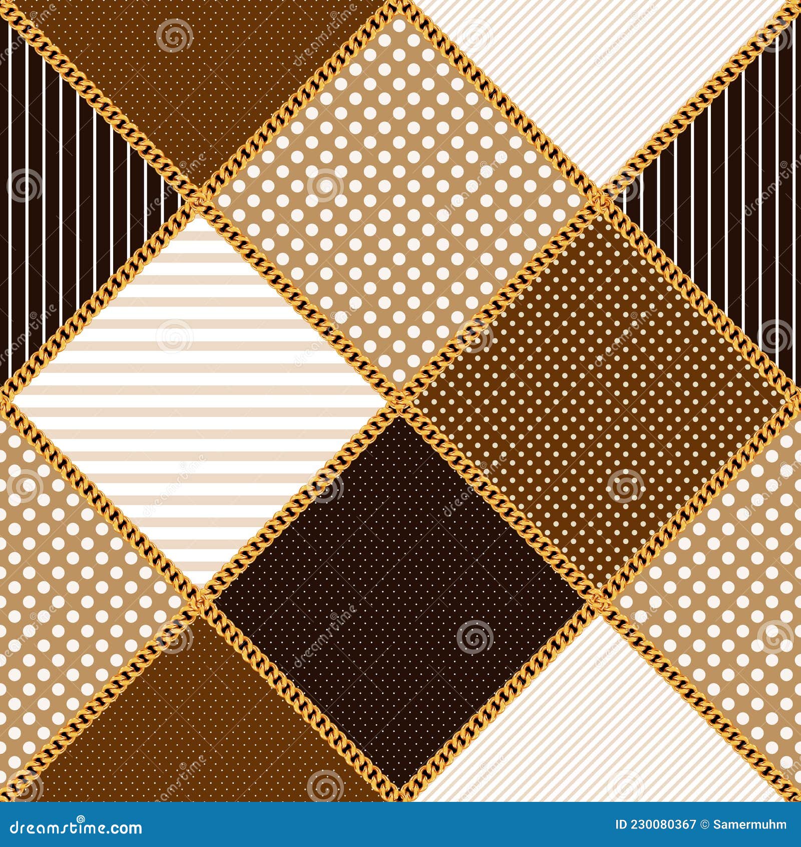 golden chains with dots and lines on diamond s, seamless pattern for textile.