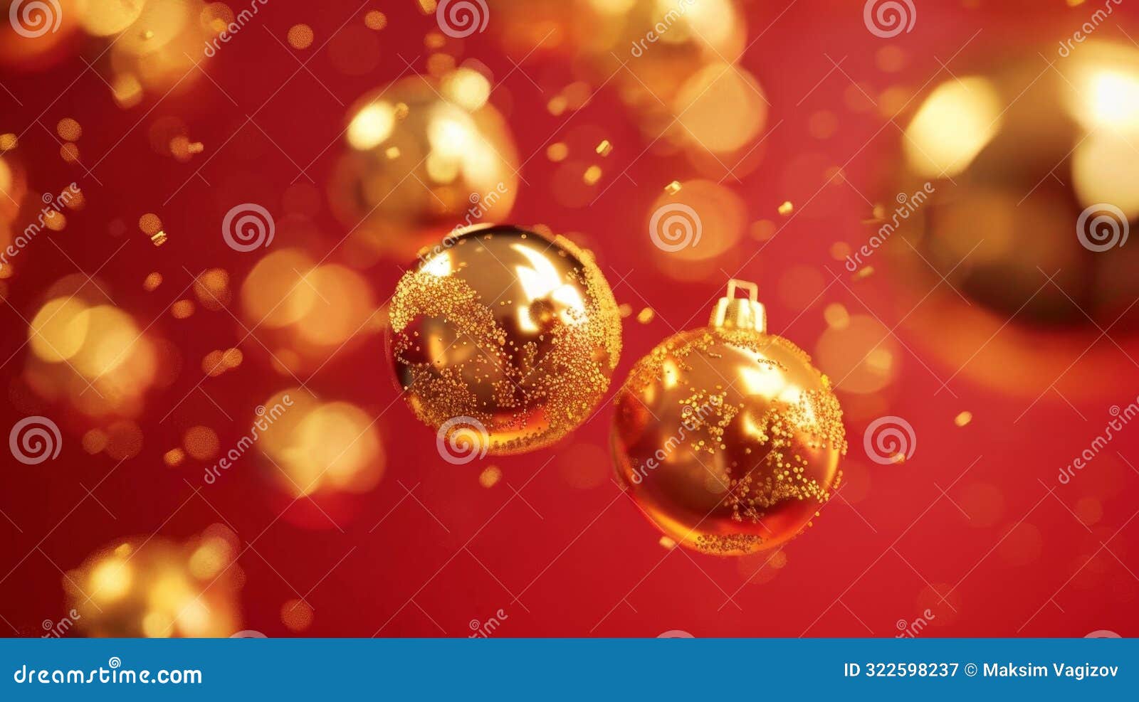 golden christmas ornaments on a red background, generative ai