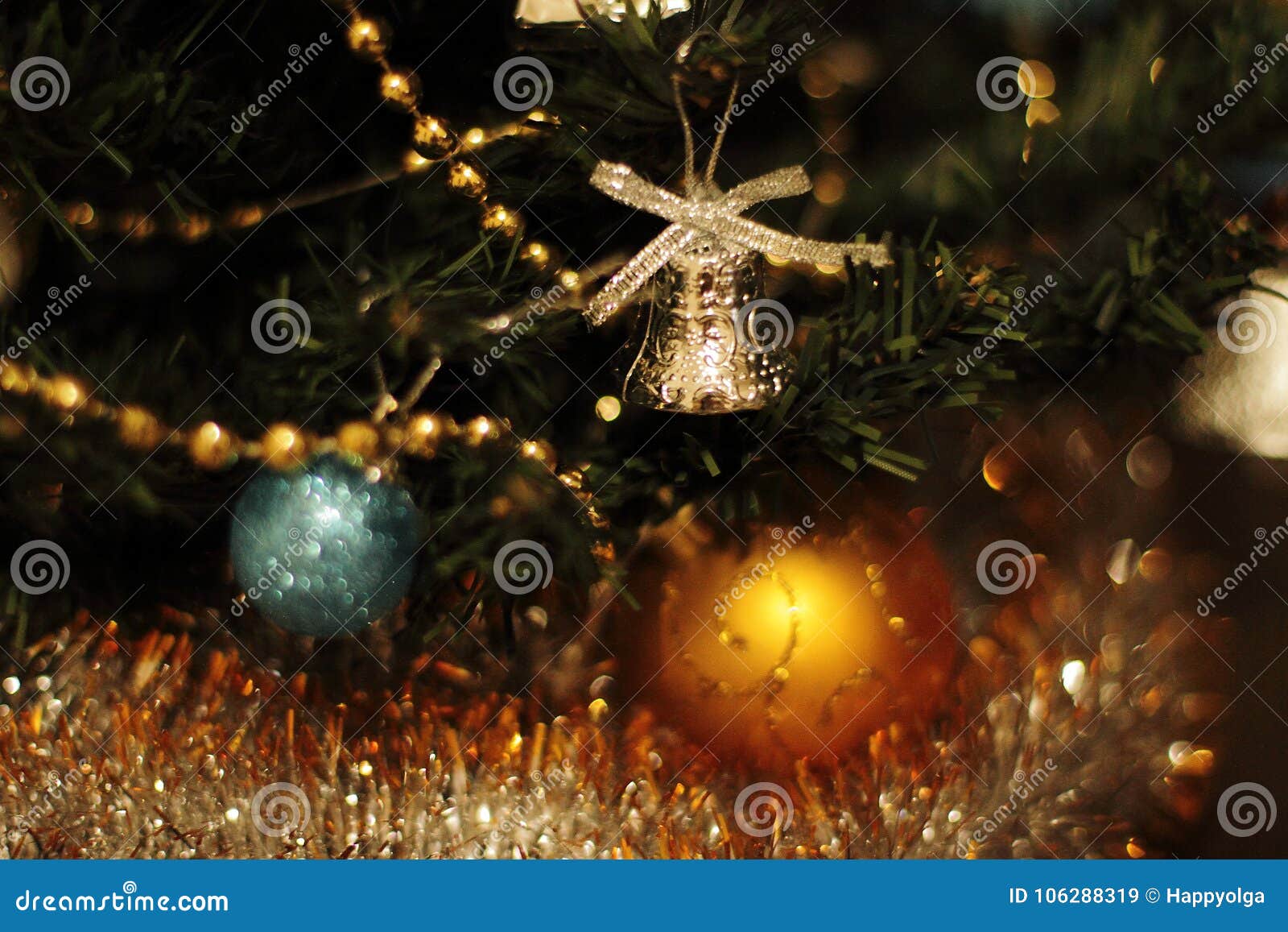 A Golden Christmas Tree Decor with Lights Stock Image - Image of fest ...