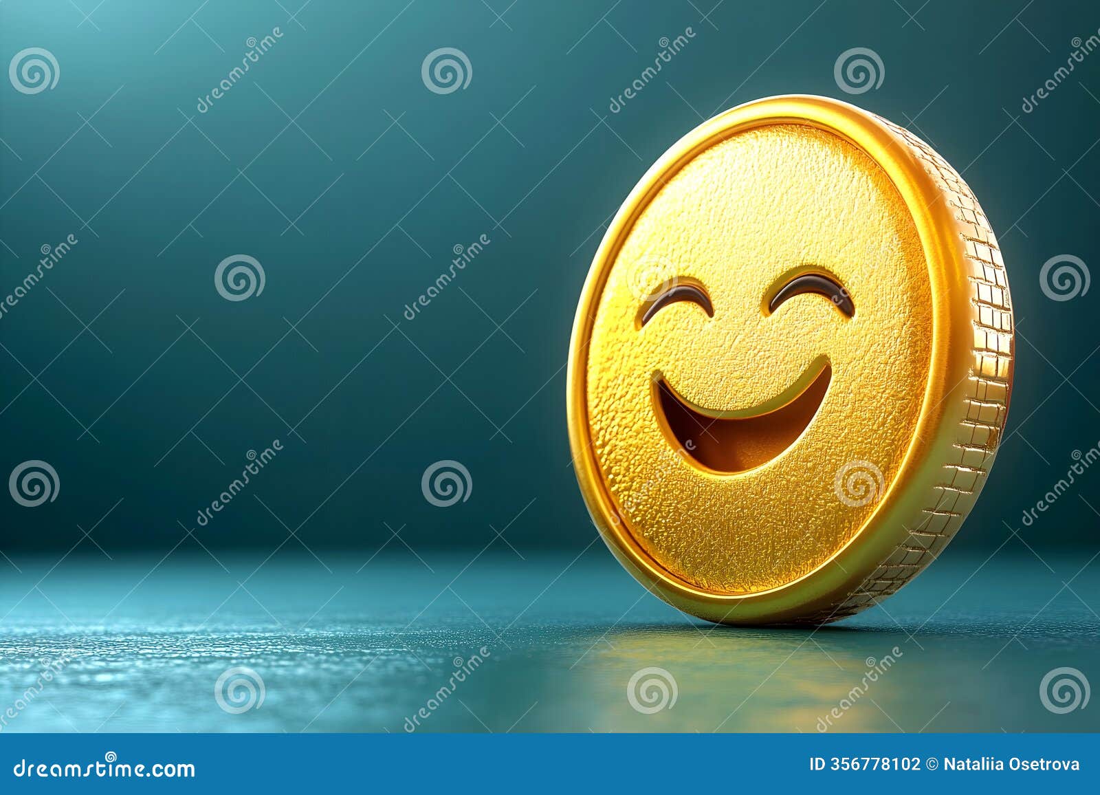 golden coin with a happy smiling face, izing humor, positivity, and modern cryptocurrency trends, placed against a