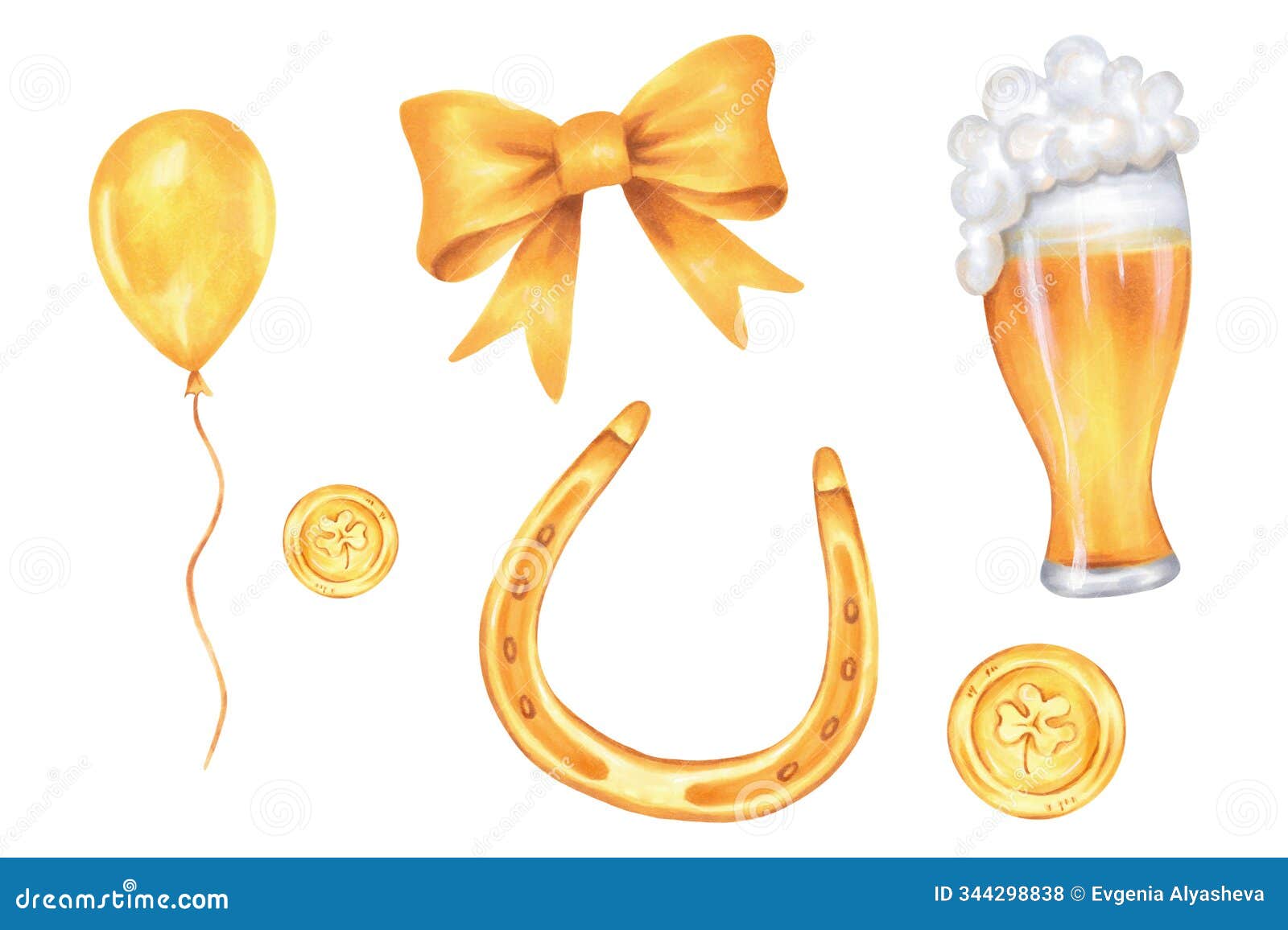 golden coin with horseshoe and beer for st. patrick's day. different objects in gold color. watercolor 