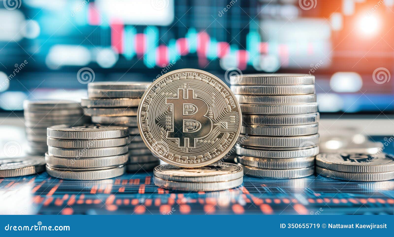 golden coin stacks on defocused background with financial charts and data graphics displayed