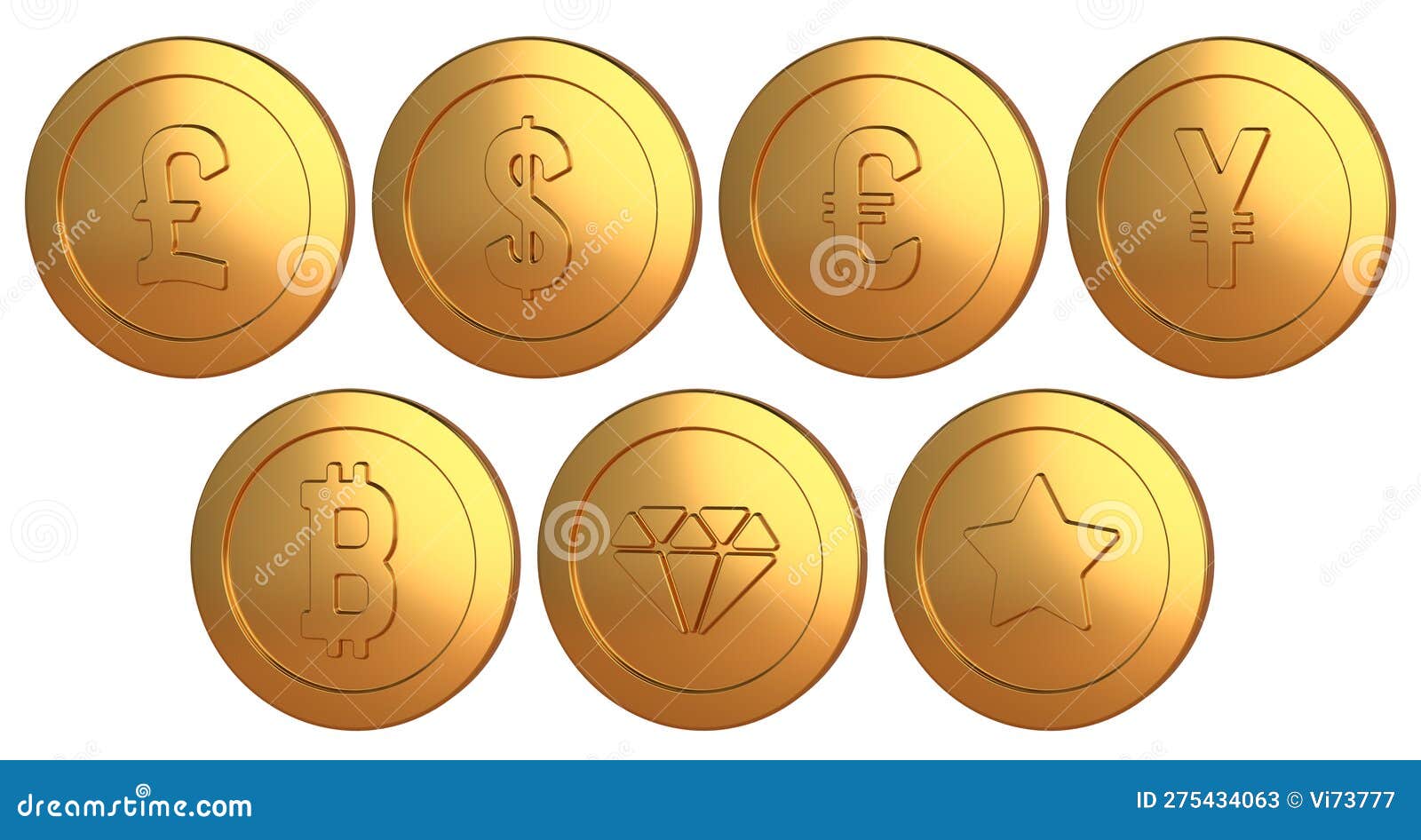 Golden coins with currencies symbols. Elements for currency exchange design. 3D rendered image.
