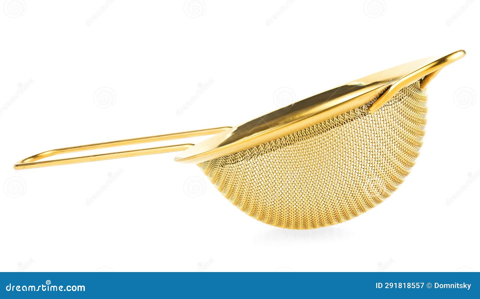 Golden Colander for Cooking Isolated on White Background. Metal Mesh